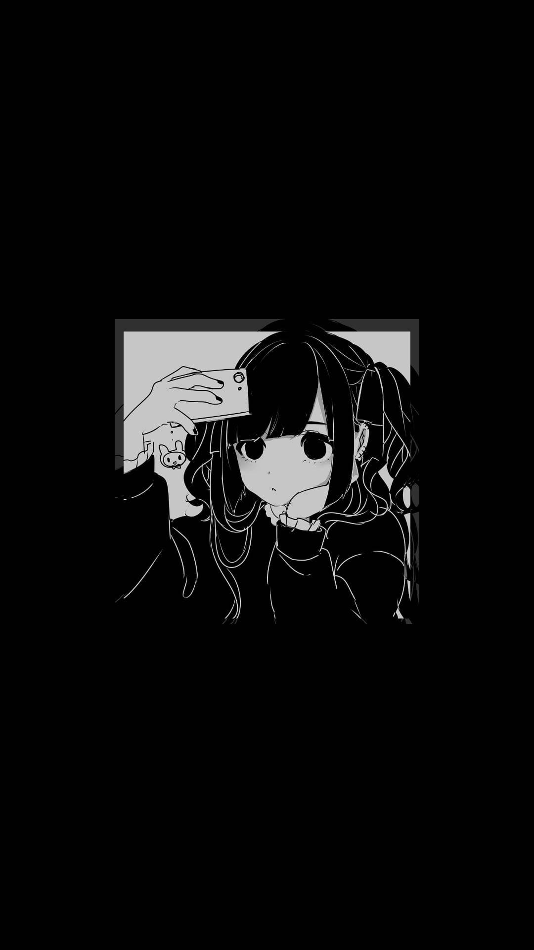 Simpleng Malungkot na Anime na Babae na Itim at Puti Wallpaper