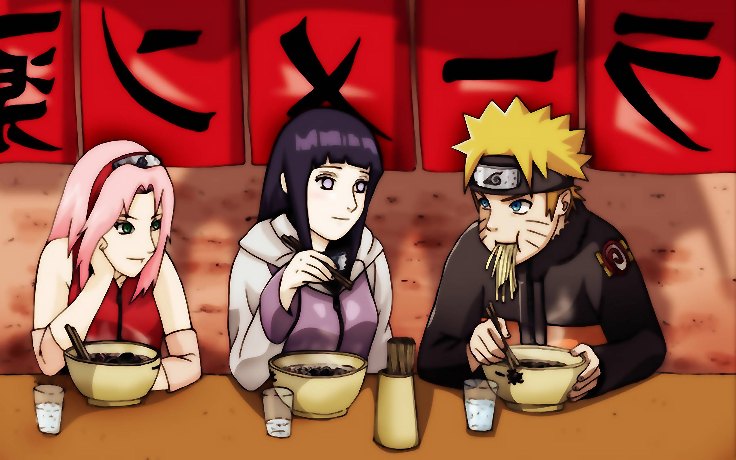 Sina Naruto at Hinata Kasama si Sakura na Kumakain ng Ramen Wallpaper