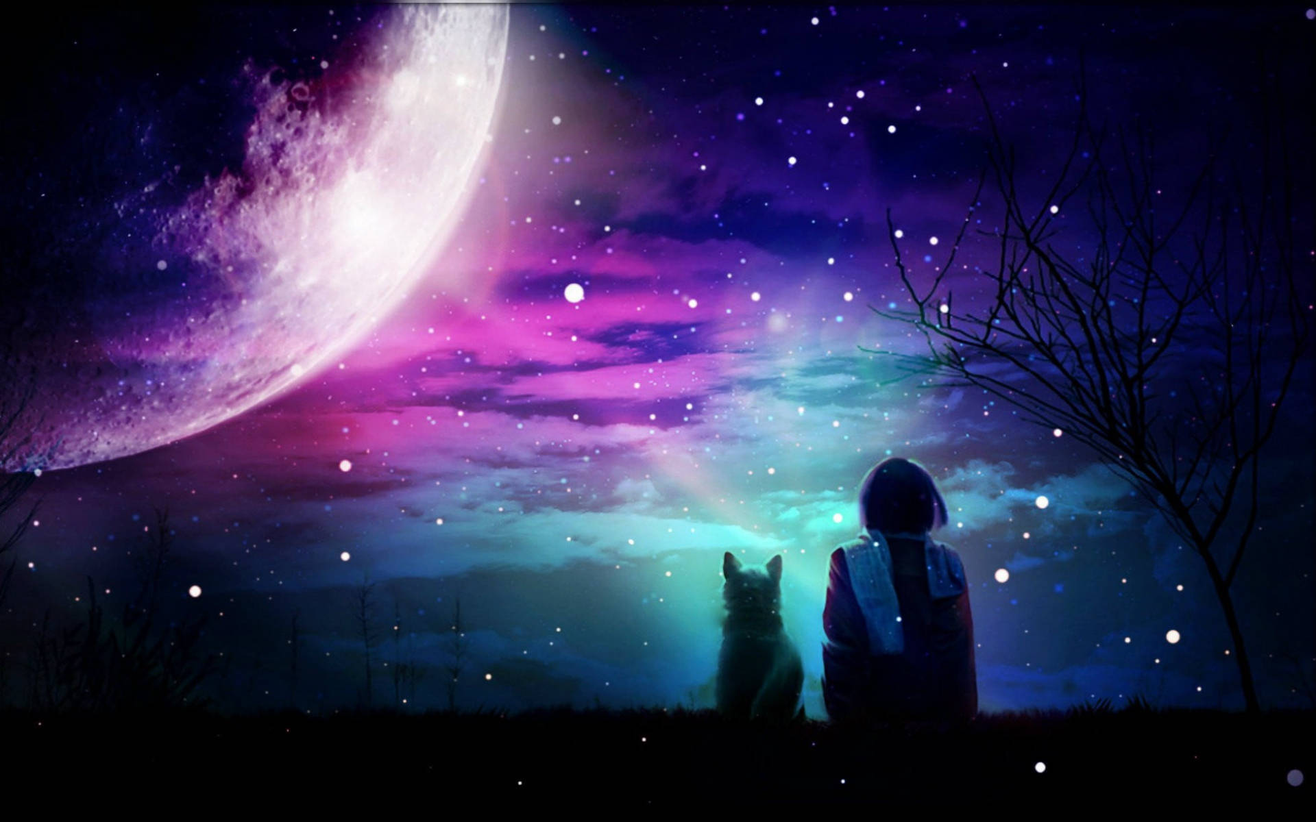 Sining Digital ng Purple Galaxy Moon Wallpaper