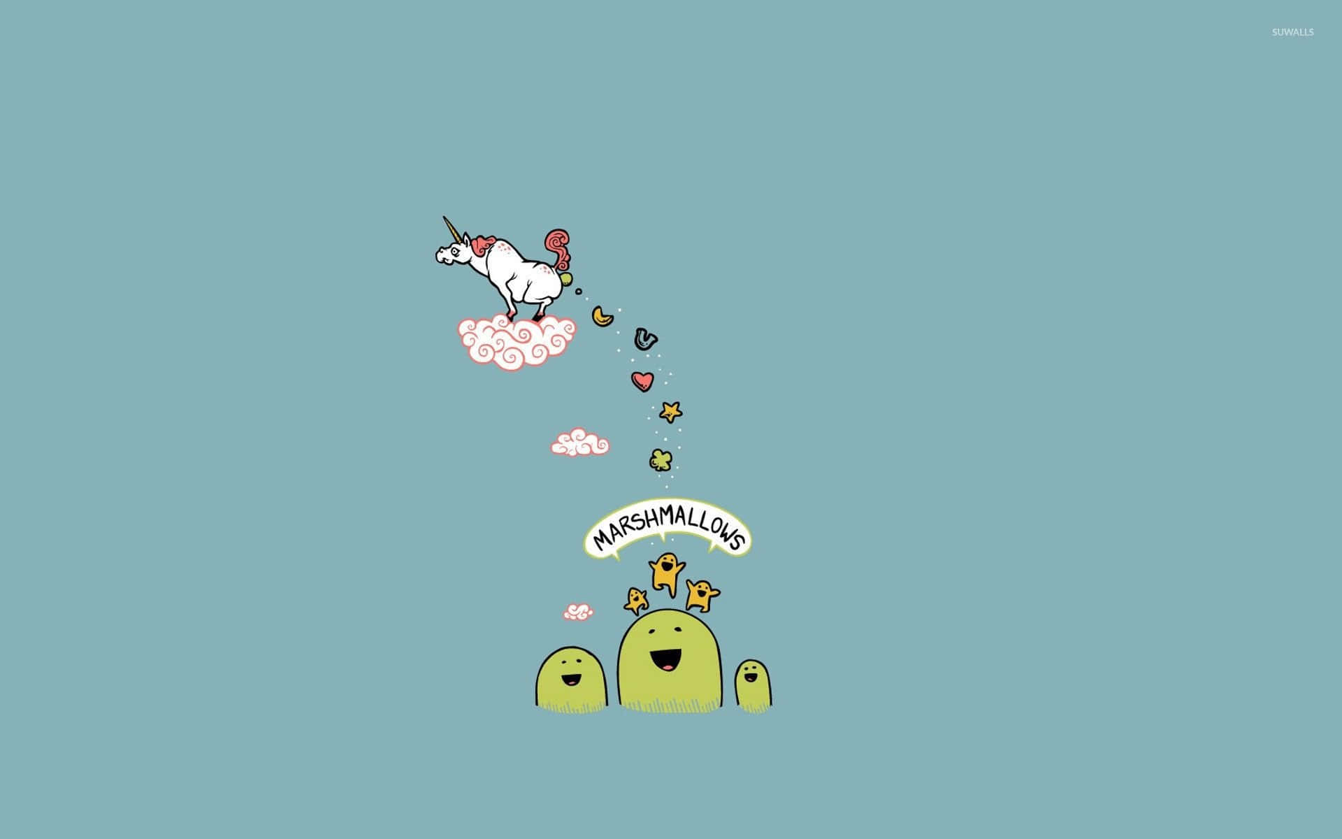 Sining Ilustrasyon ng Cute Unicorn na may Rainbow Marshmallows Wallpaper