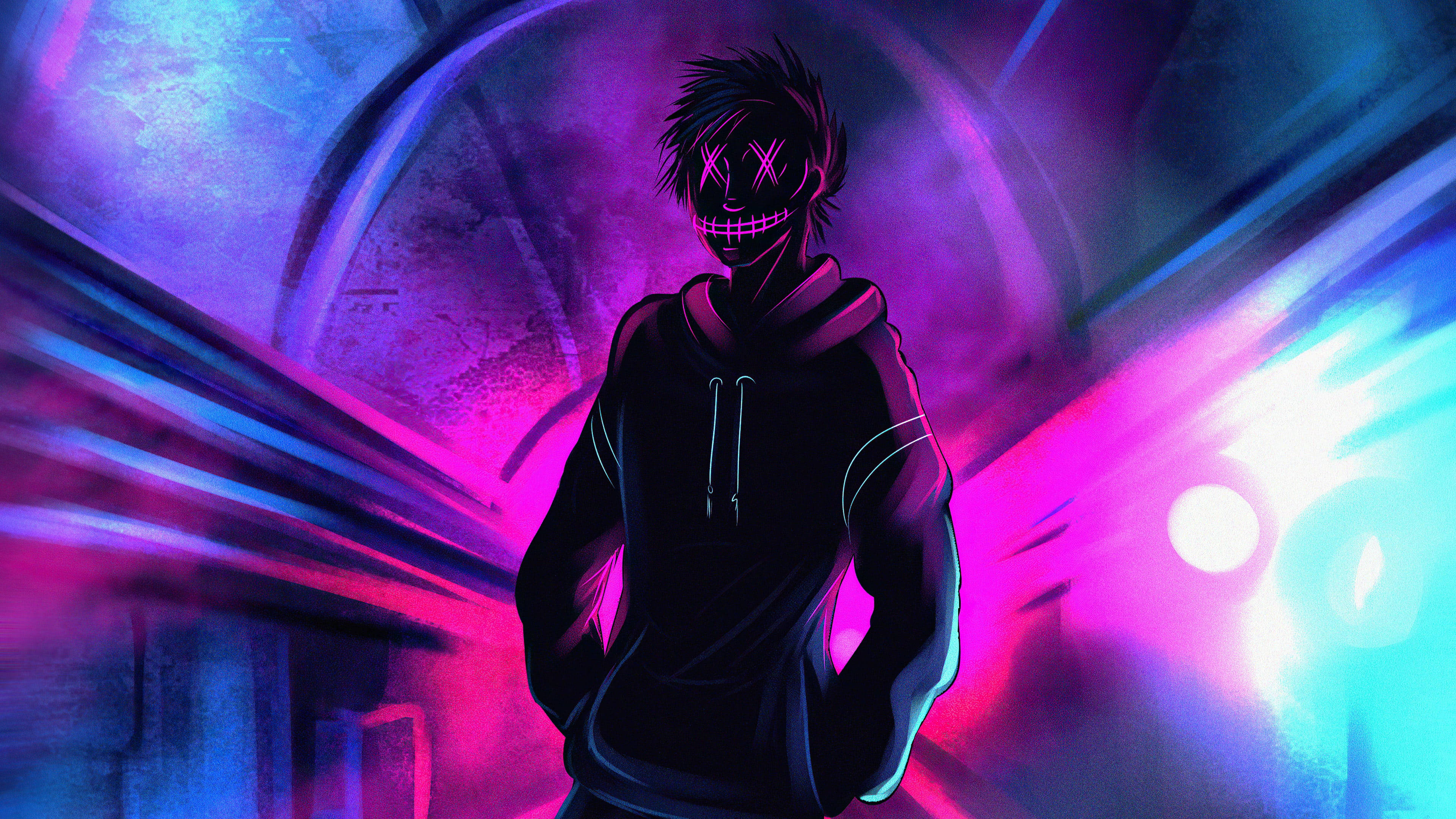 Sining na Neon ng Astig na Anime na Lalaki Wallpaper