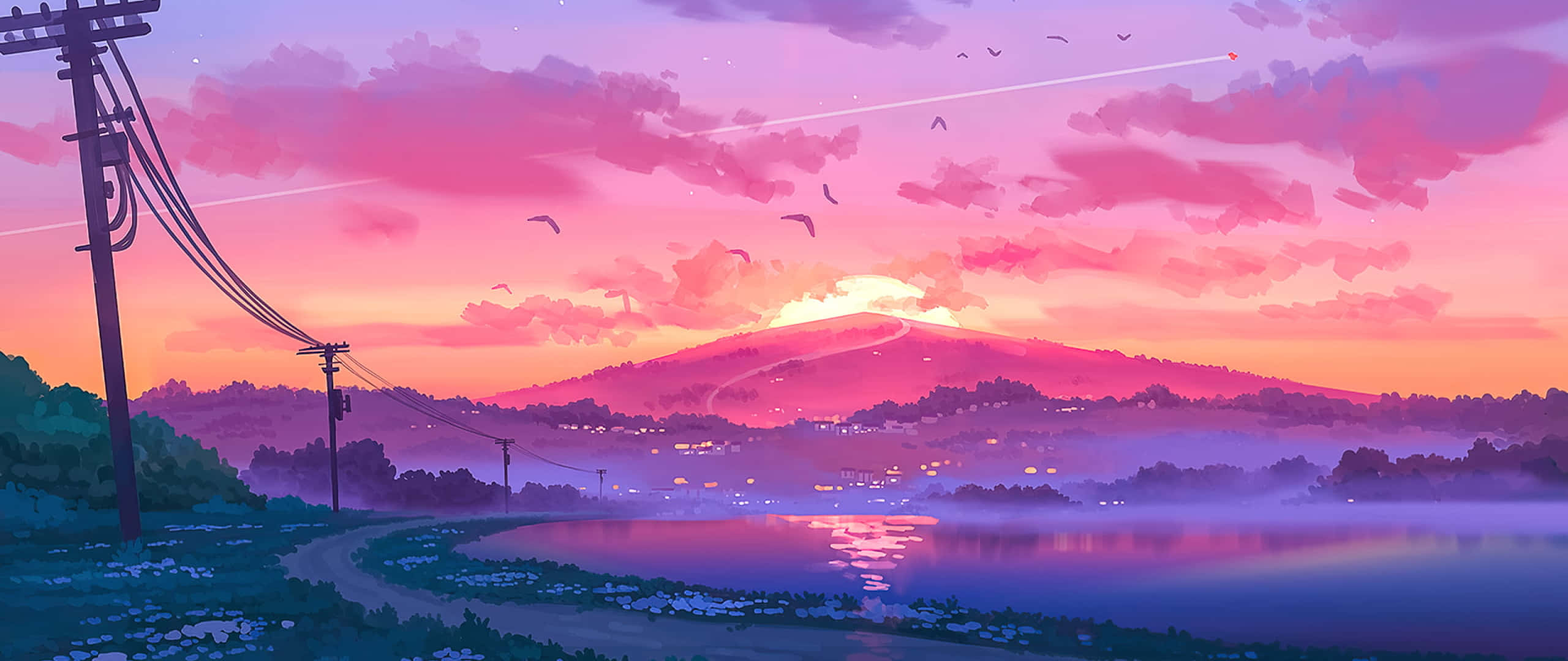 Sining ng Anime Sunset Aesthetic 2560x1080 Wallpaper