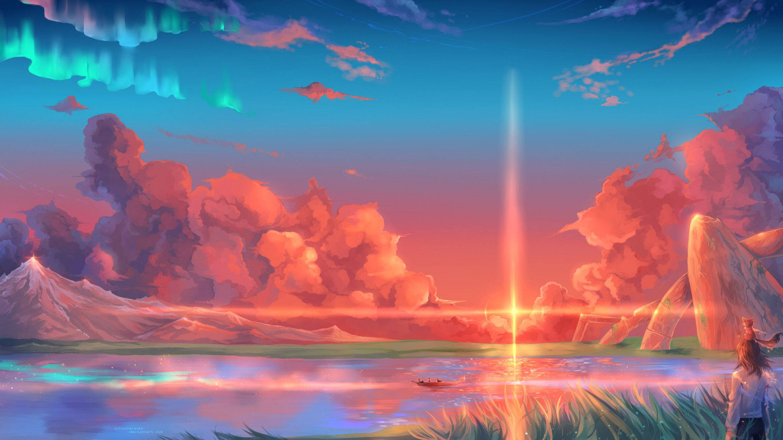 Sining ng Anime sa Pagsikat ng Araw para sa Desktop Wallpaper