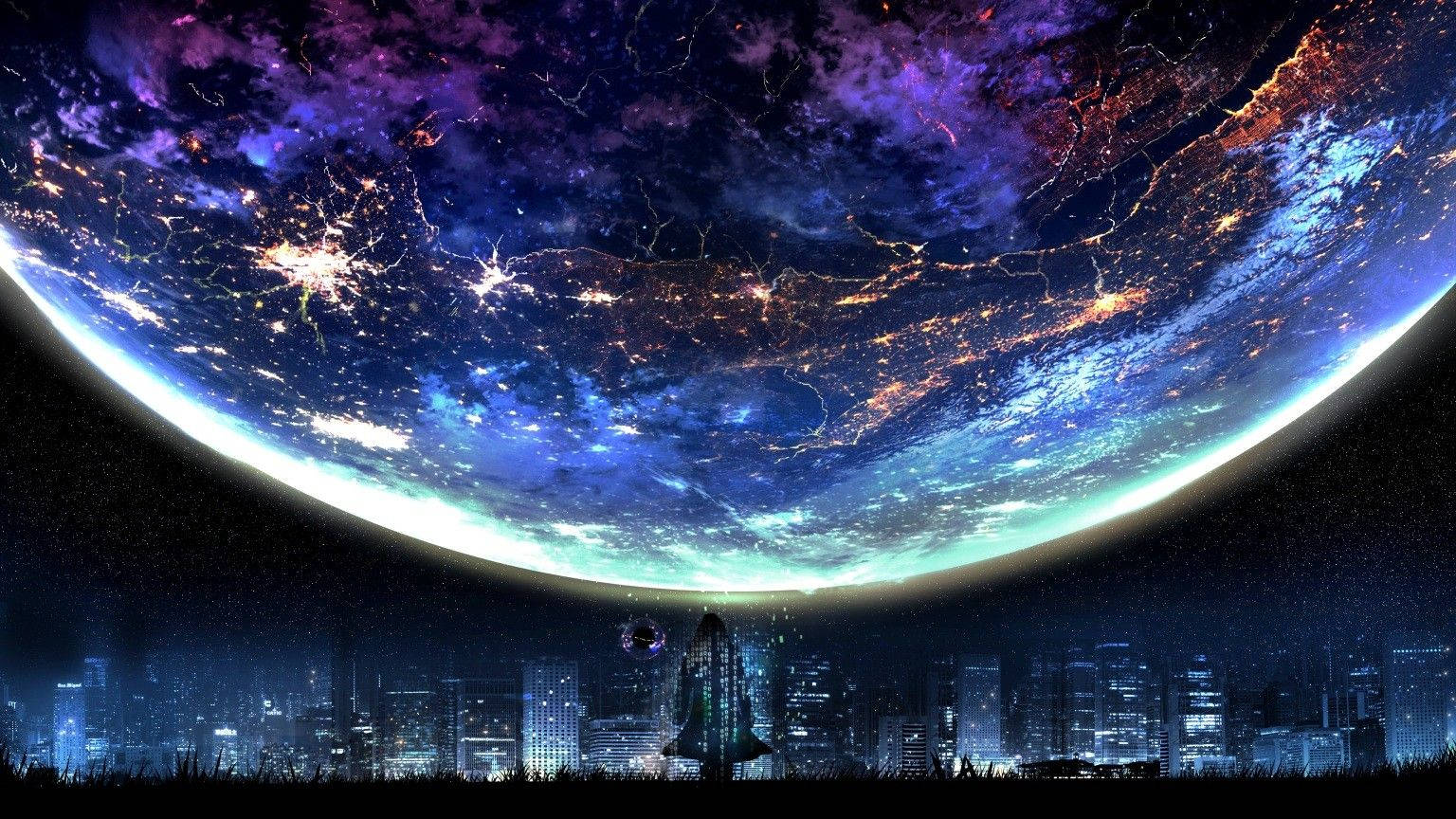 Sining ng Galaxy Moon sa Itaas ng Lungsod Wallpaper