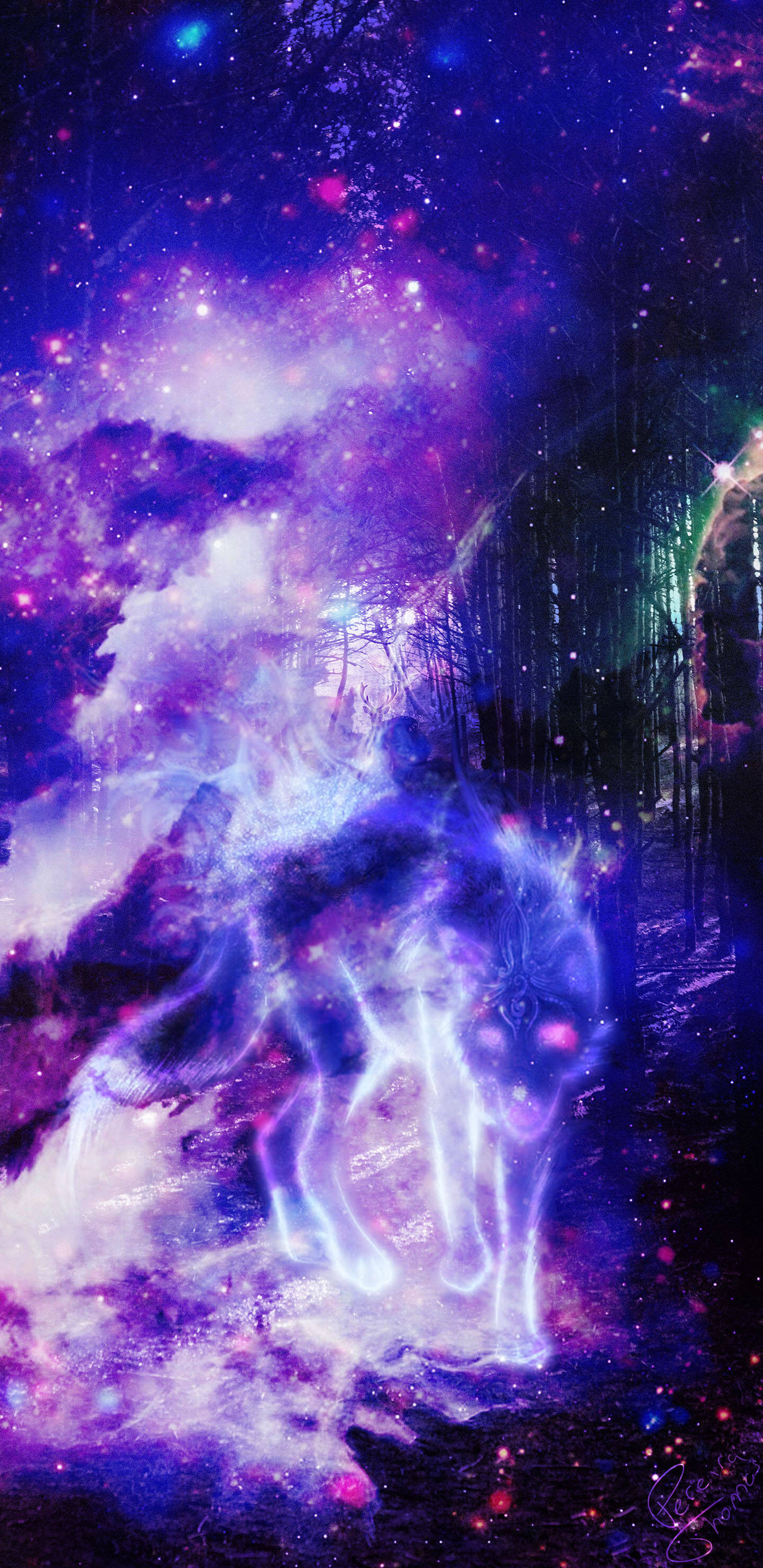 Sining ng Ilustrasyon ng Lobo ng Kalawakan sa Kagubatan Wallpaper