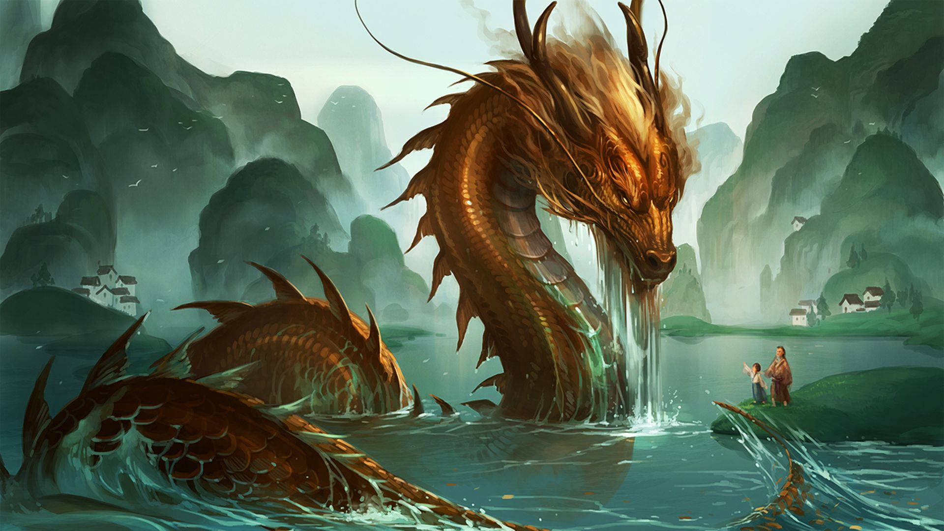Sining ng Japanese Dragon na Majestic River Dragon Wallpaper