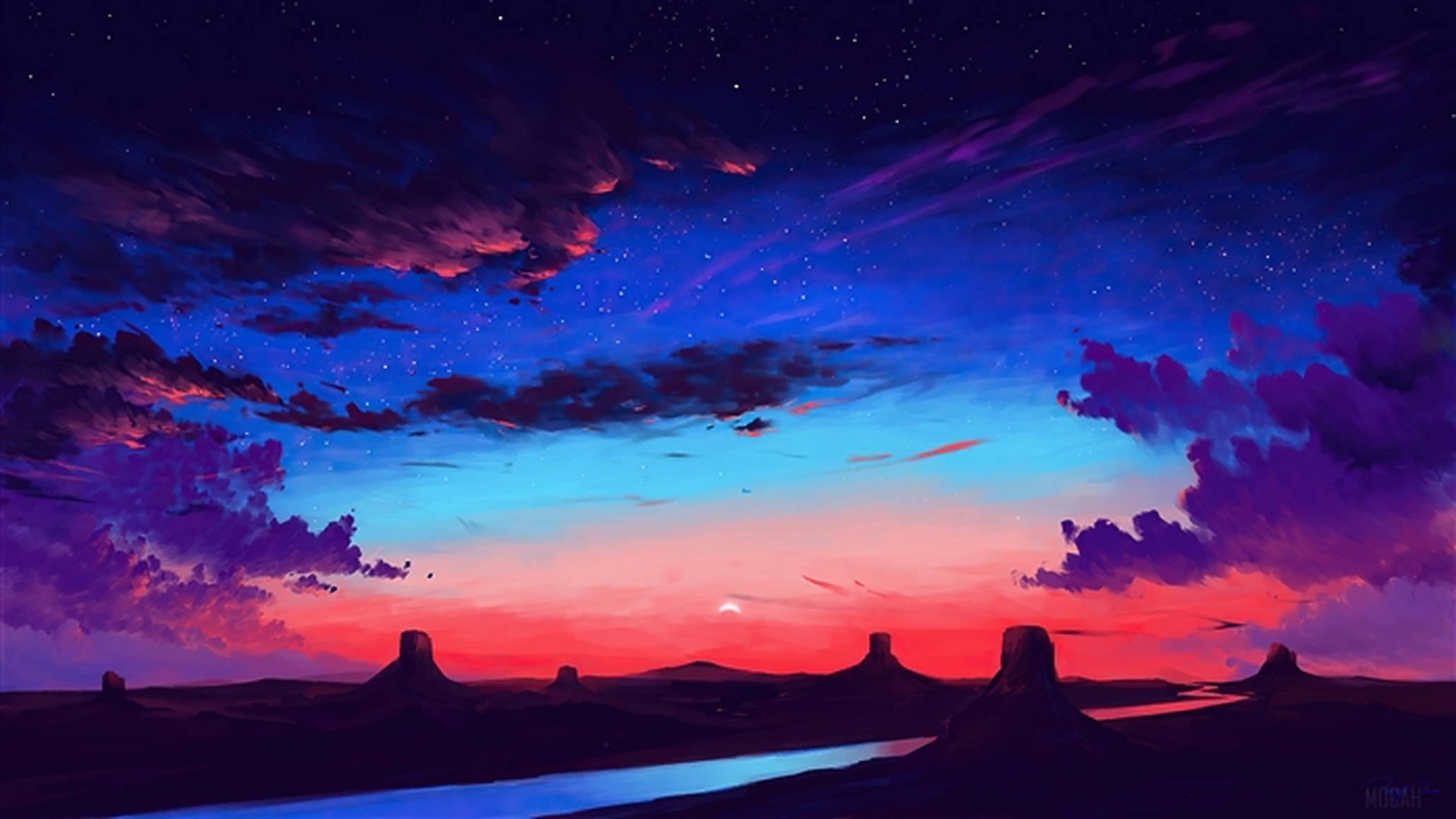 Sining ng Langit sa Paglubog ng Araw na Bughaw at Lila Wallpaper