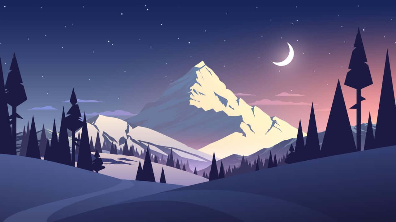 Sining ng Vector ng Bundok at Buwan 720p Wallpaper