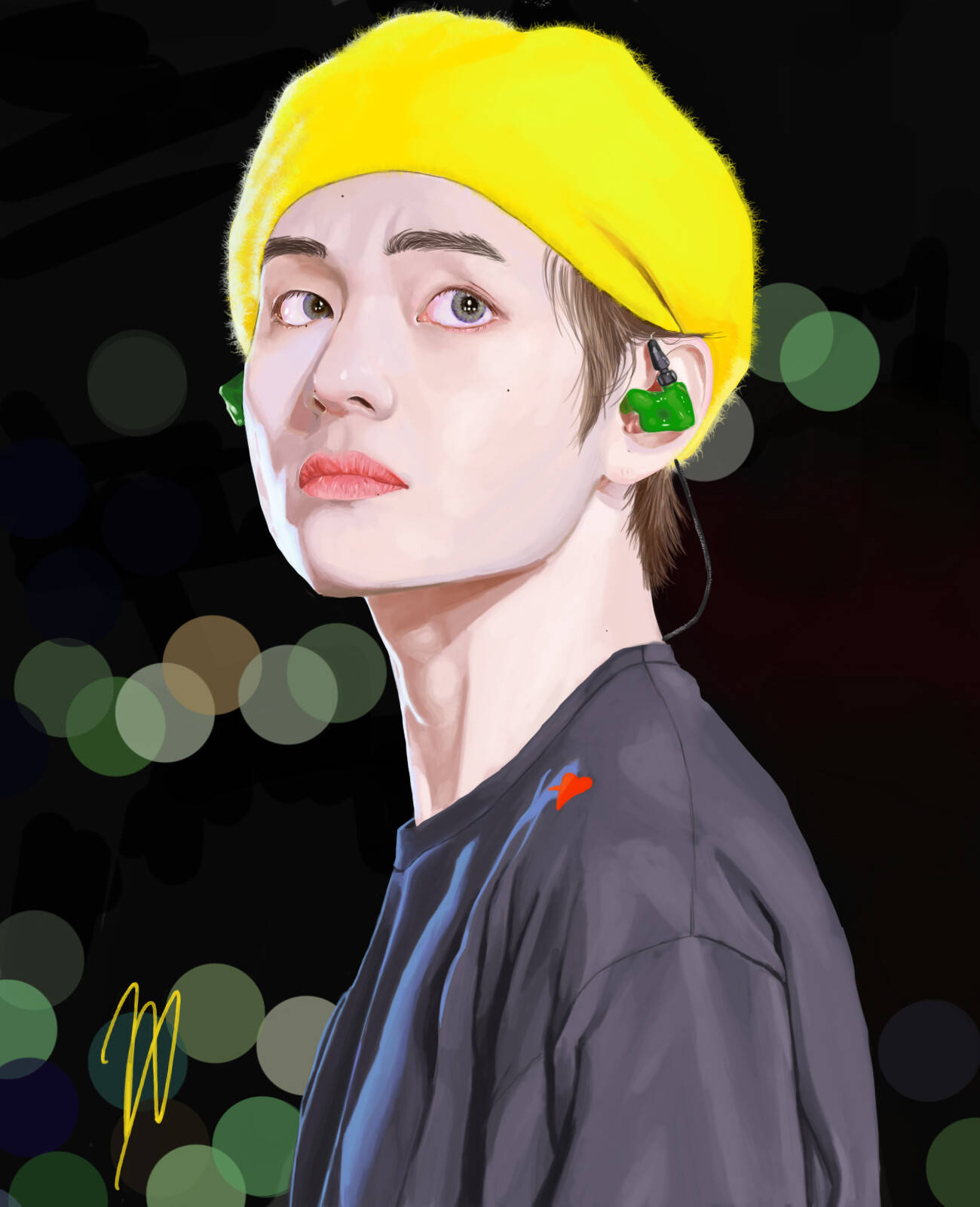 Sining ni BTS V na May Dilaw na Beret Wallpaper