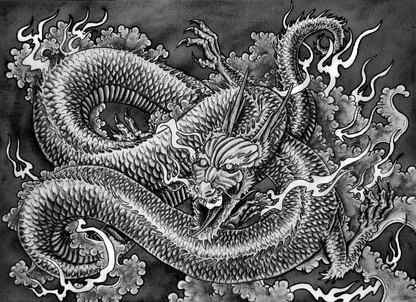 Sketch na Japanese Dragon PC na Itim at Puti Wallpaper