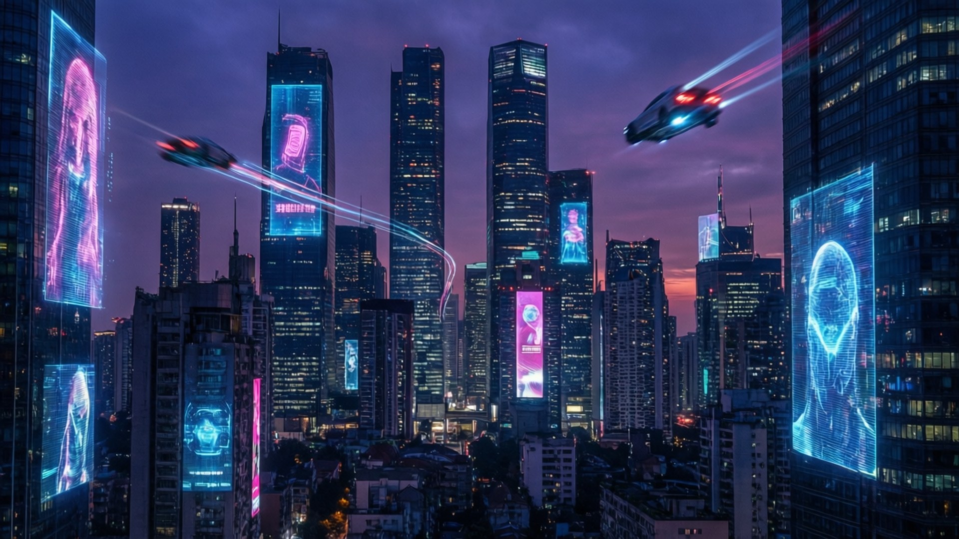 Skyline ng Cyberpunk sa Dapit-Hapon Wallpaper