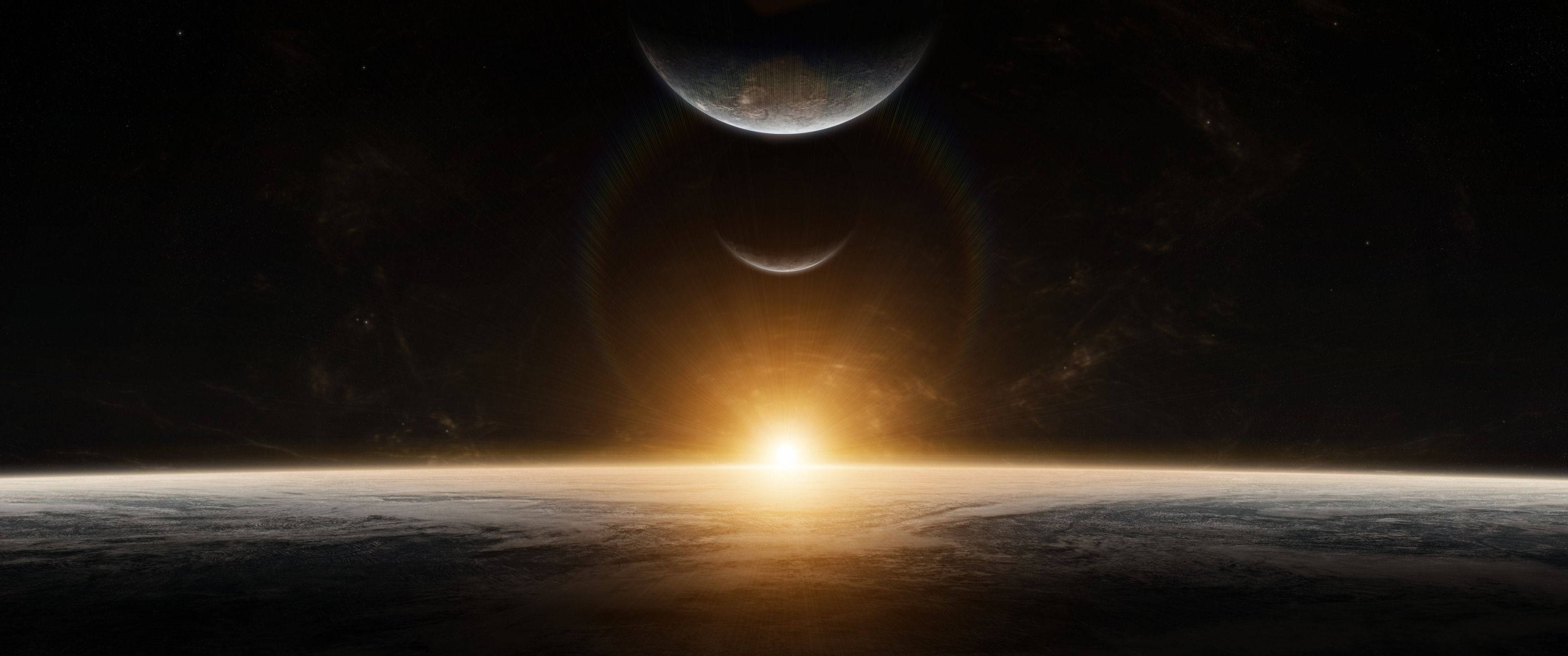 Pagsikat ng Araw sa Kalawakan na Nag-iilaw sa mga Planeta Wallpaper