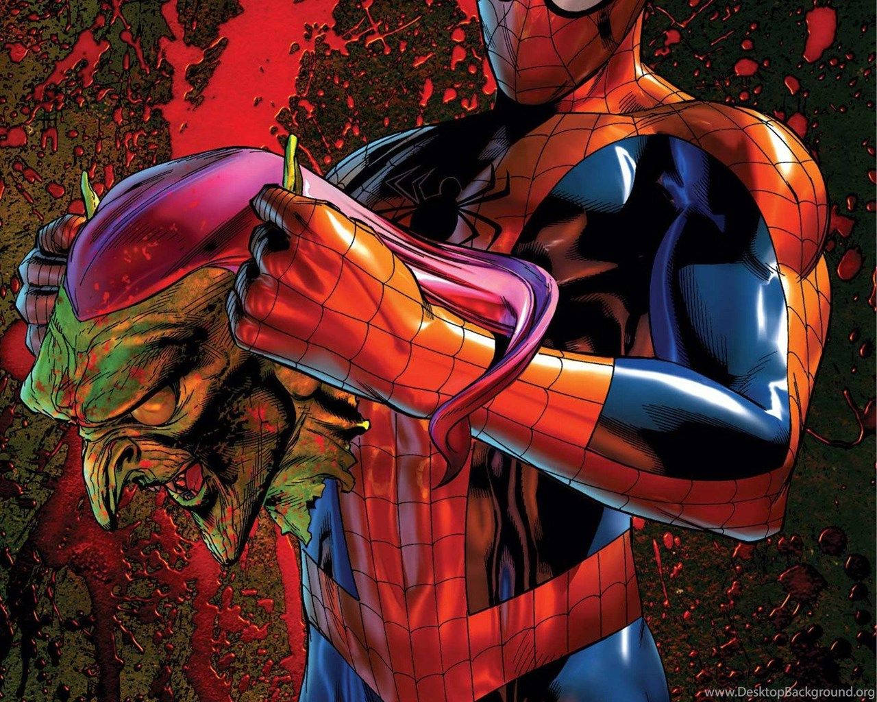 Spiderman na Suot ang Maskara ng Green Goblin sa Labanan Wallpaper
