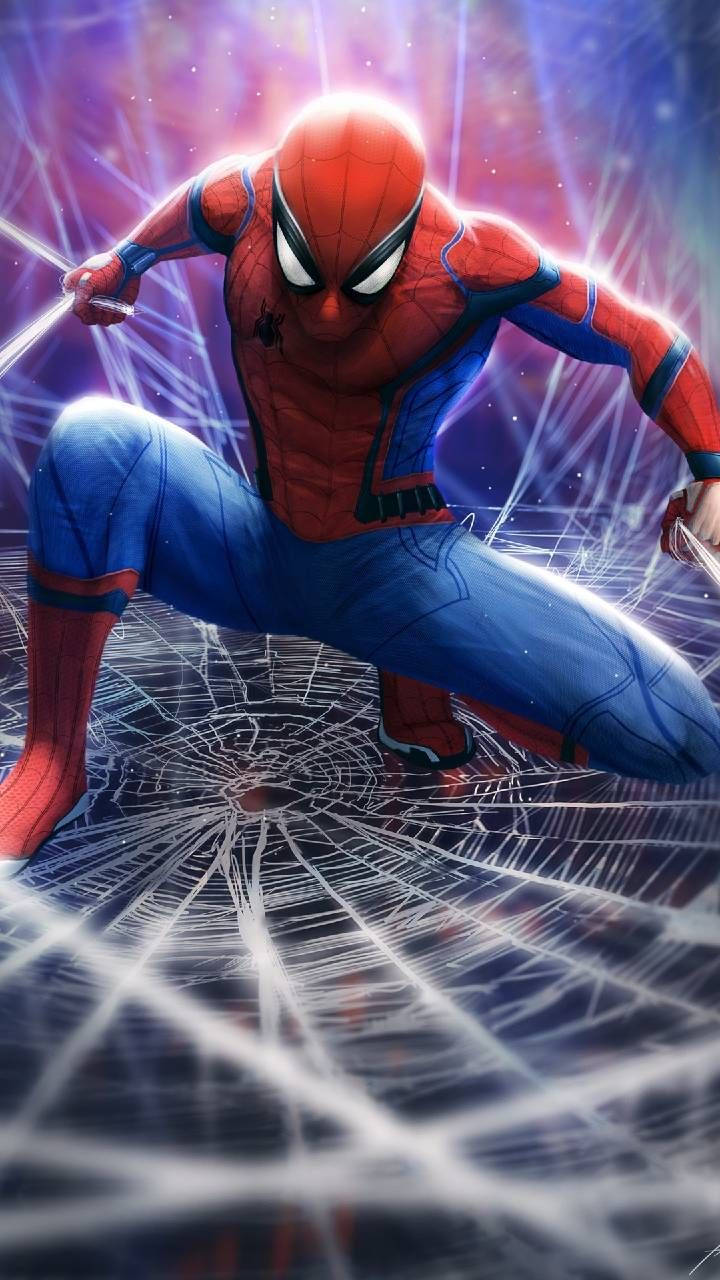 Spiderman na umiindayog sa pagitan ng mga skyscraper sa kanyang sapot Wallpaper