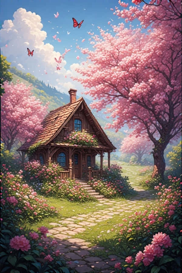 Spring Cottage na may Flower Garden Masayang Kalikasan 4K Wallpaper