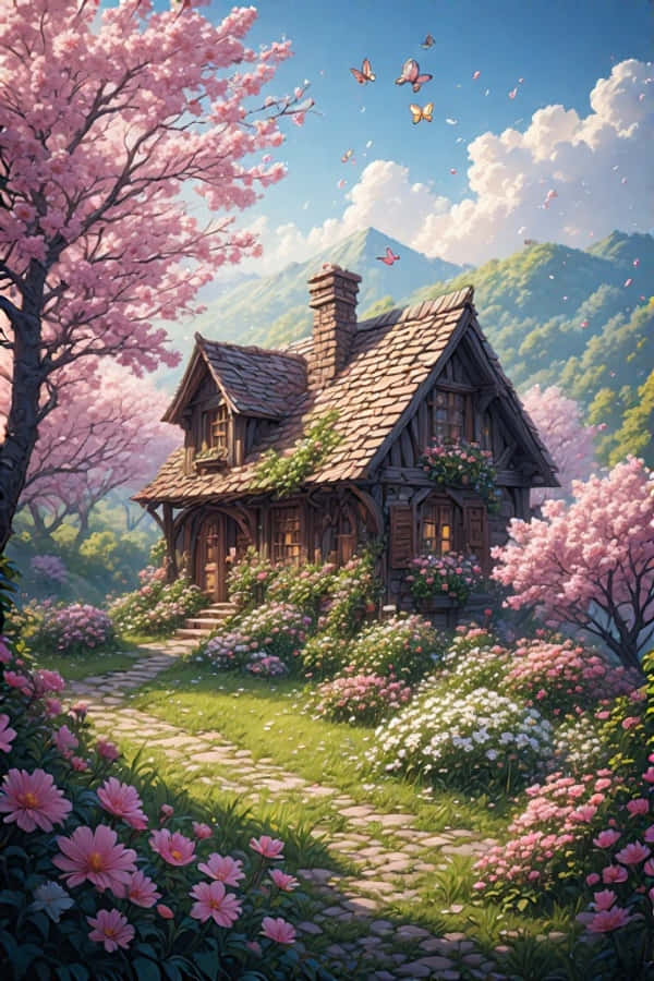 Spring Cottage na may Flower Garden Masayang Kalikasan 4K Wallpaper