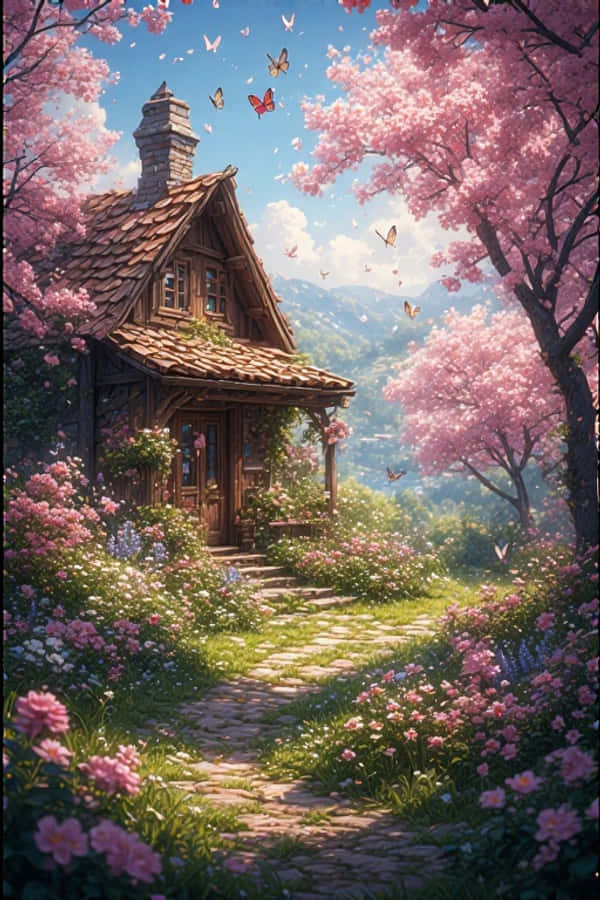 Spring Cottage na may Flower Garden Masayang Kalikasan 4K Wallpaper