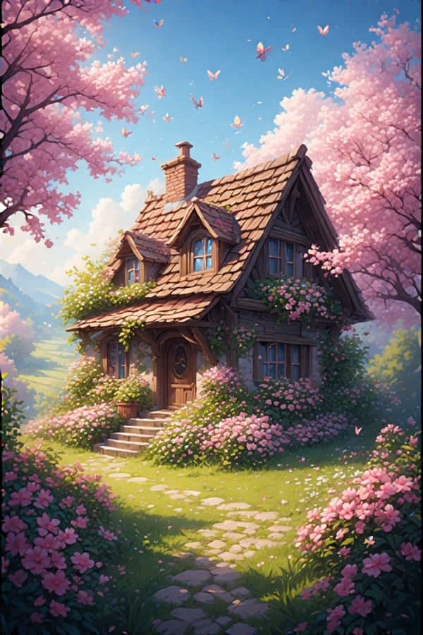 Spring Cottage na may Flower Garden Masayang Kalikasan 4K Wallpaper