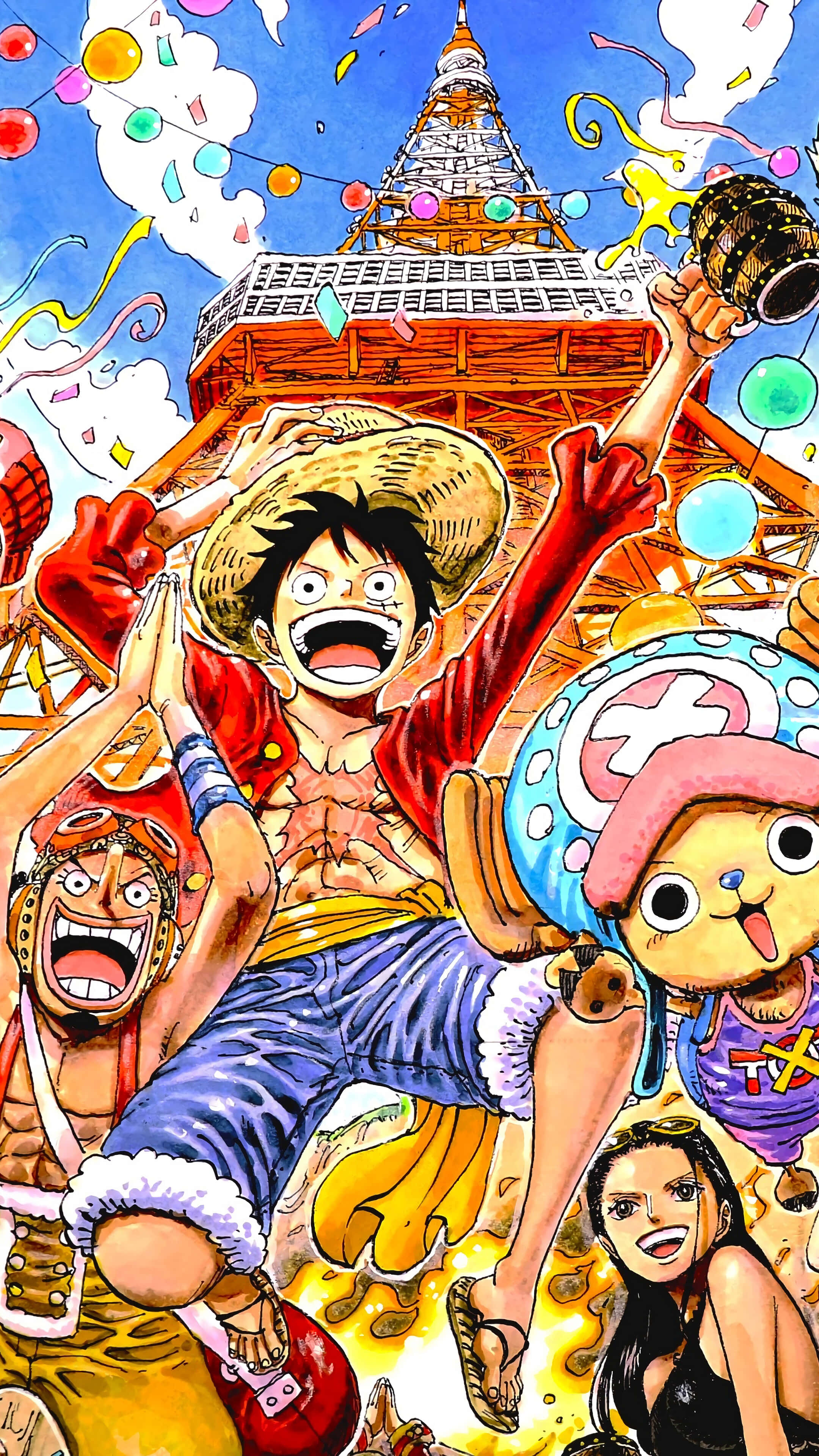 Straw Hat Pirates Nagdiriwang sa Ilalim ng Isang Tore Wallpaper