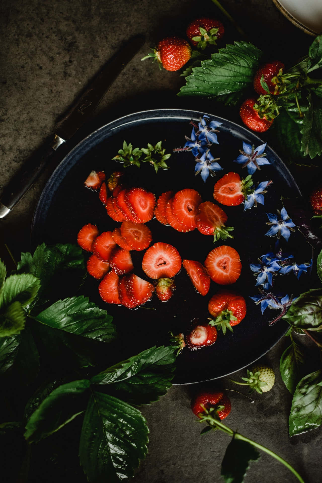 Strawberries At Borage Blue Flowers Phone Wallpaper