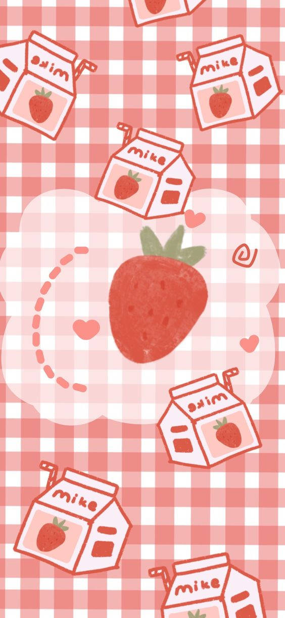 strawberry at gatas sa isang checkered na background Wallpaper