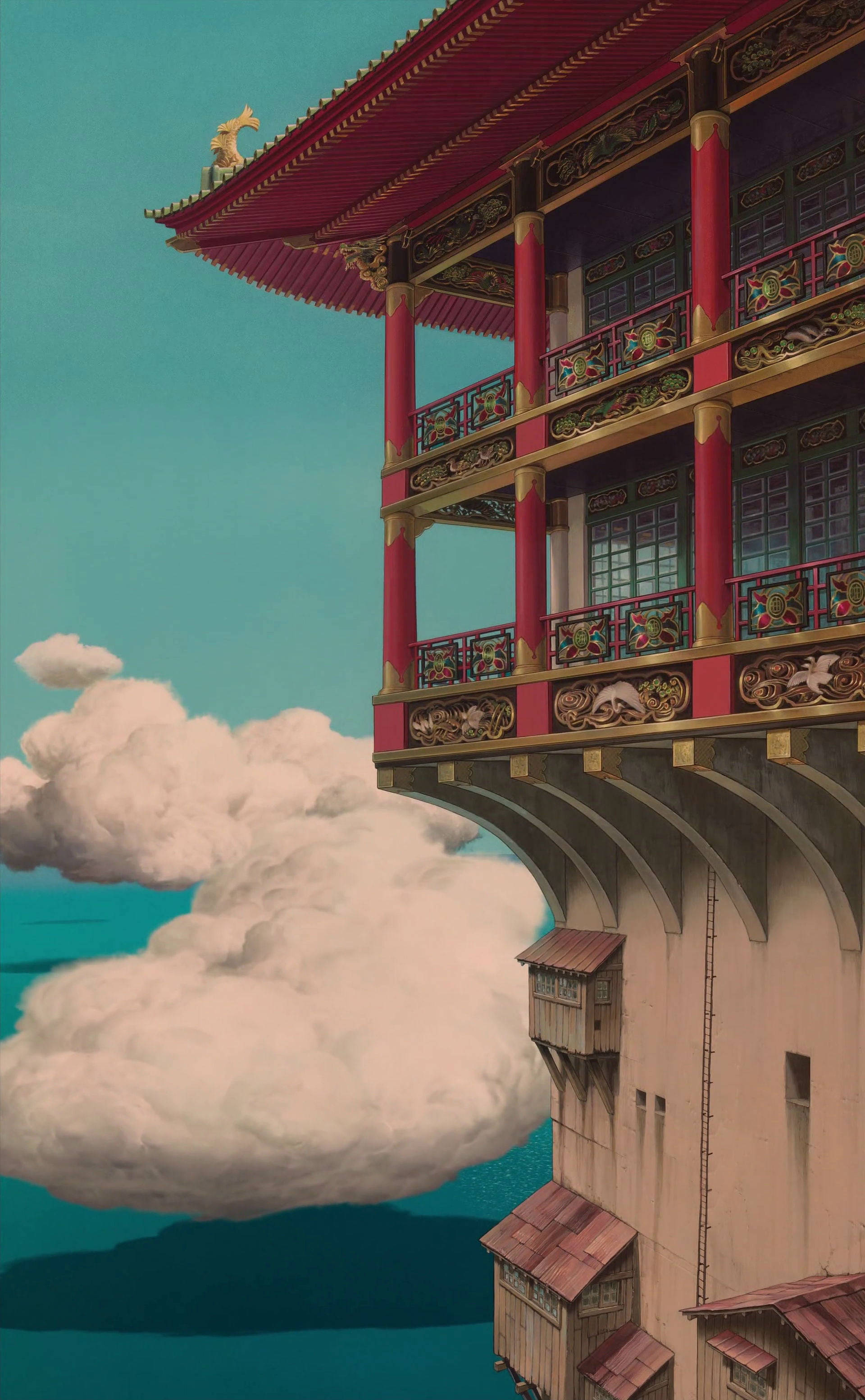 Studio Ghibli Tanawin Kastilyo sa Dagat Wallpaper