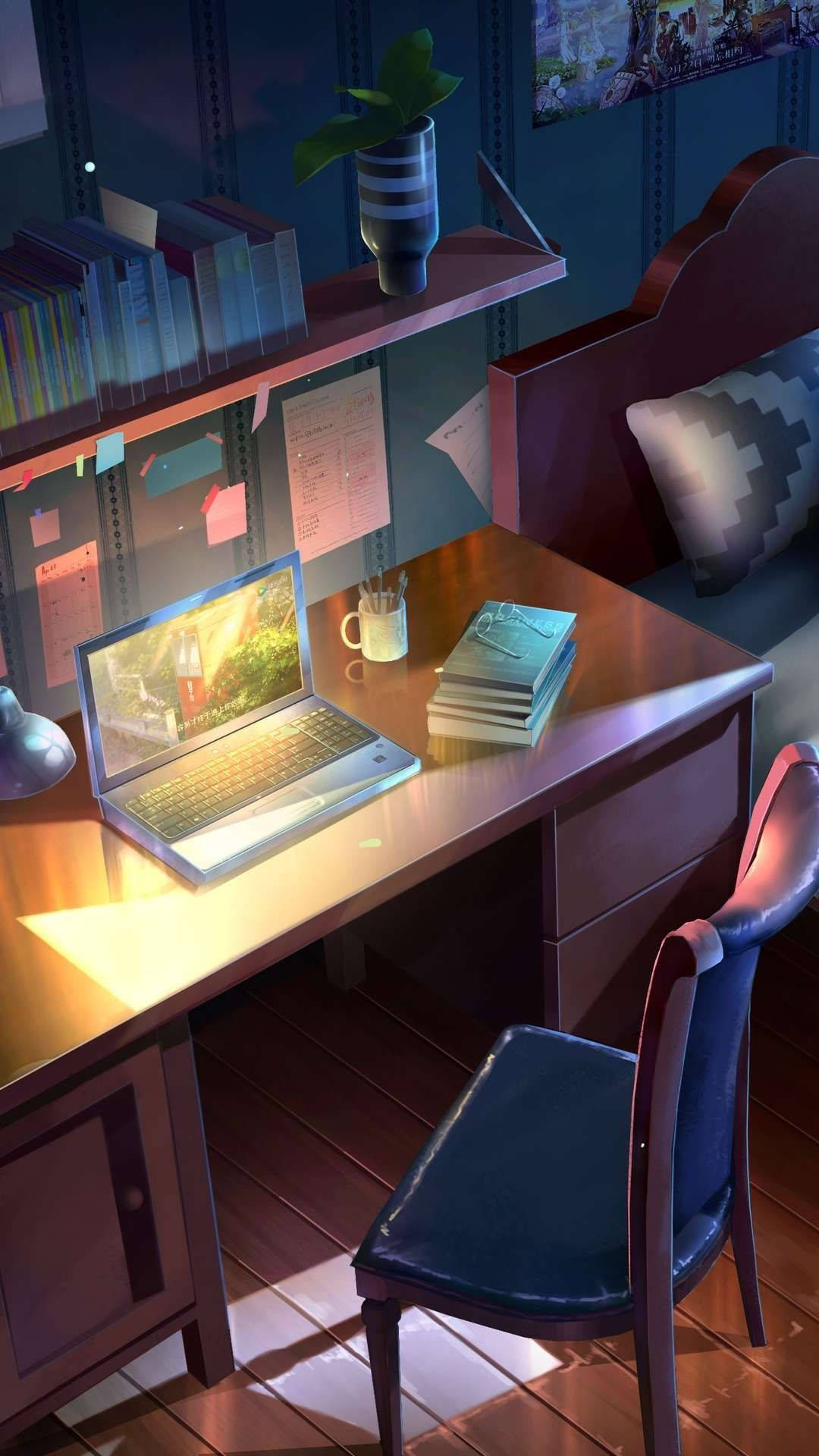 Study Table sa Anime Room Wallpaper
