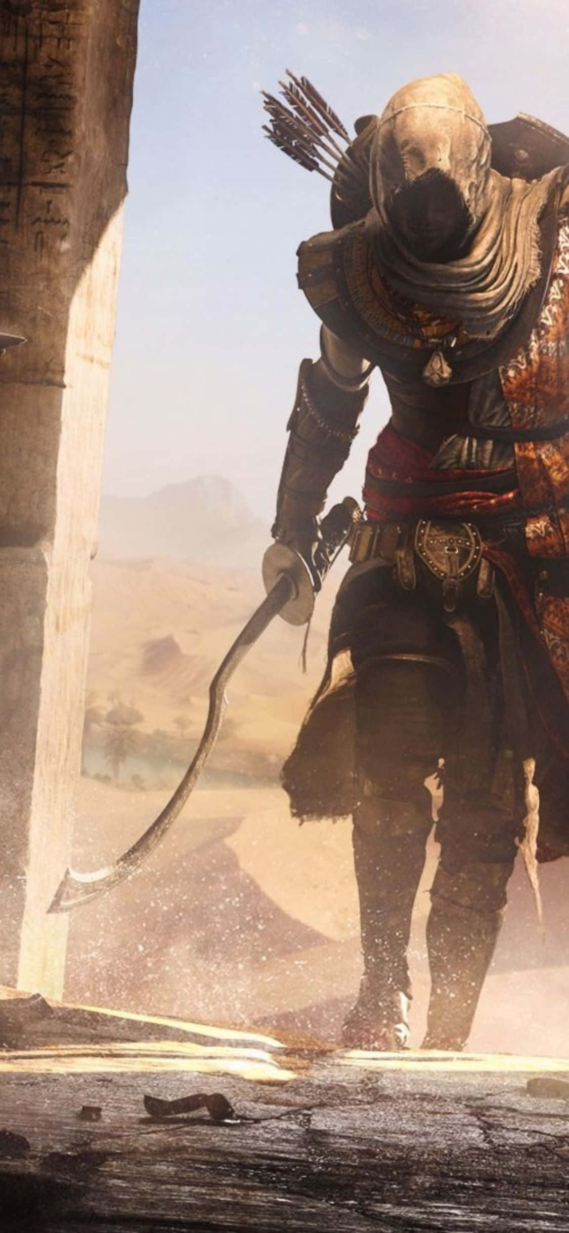 Sumabak sa isang mapanghamon na pakikipagsapalaran kasama ang Assassin's Creed Origins sa iPhone X. Wallpaper