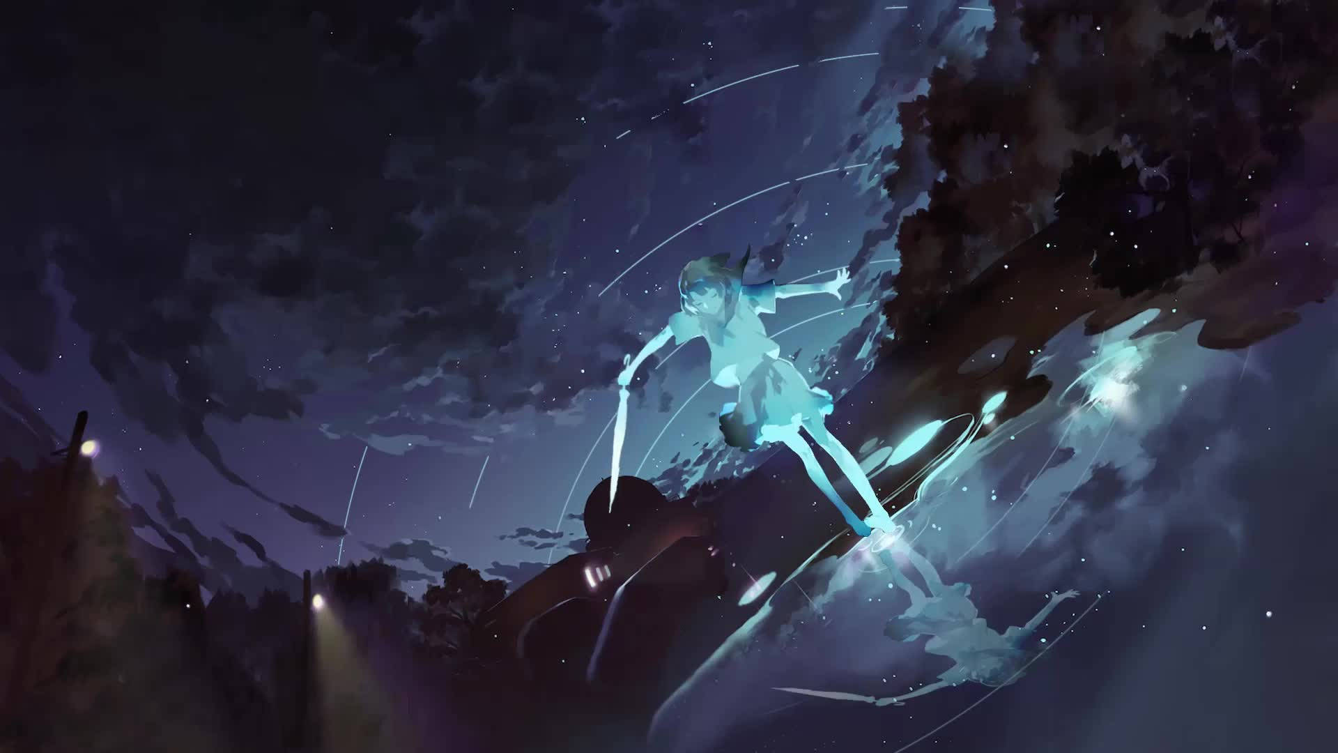 Sumasayaw na Anime sa Gabi na Kumikinang Wallpaper