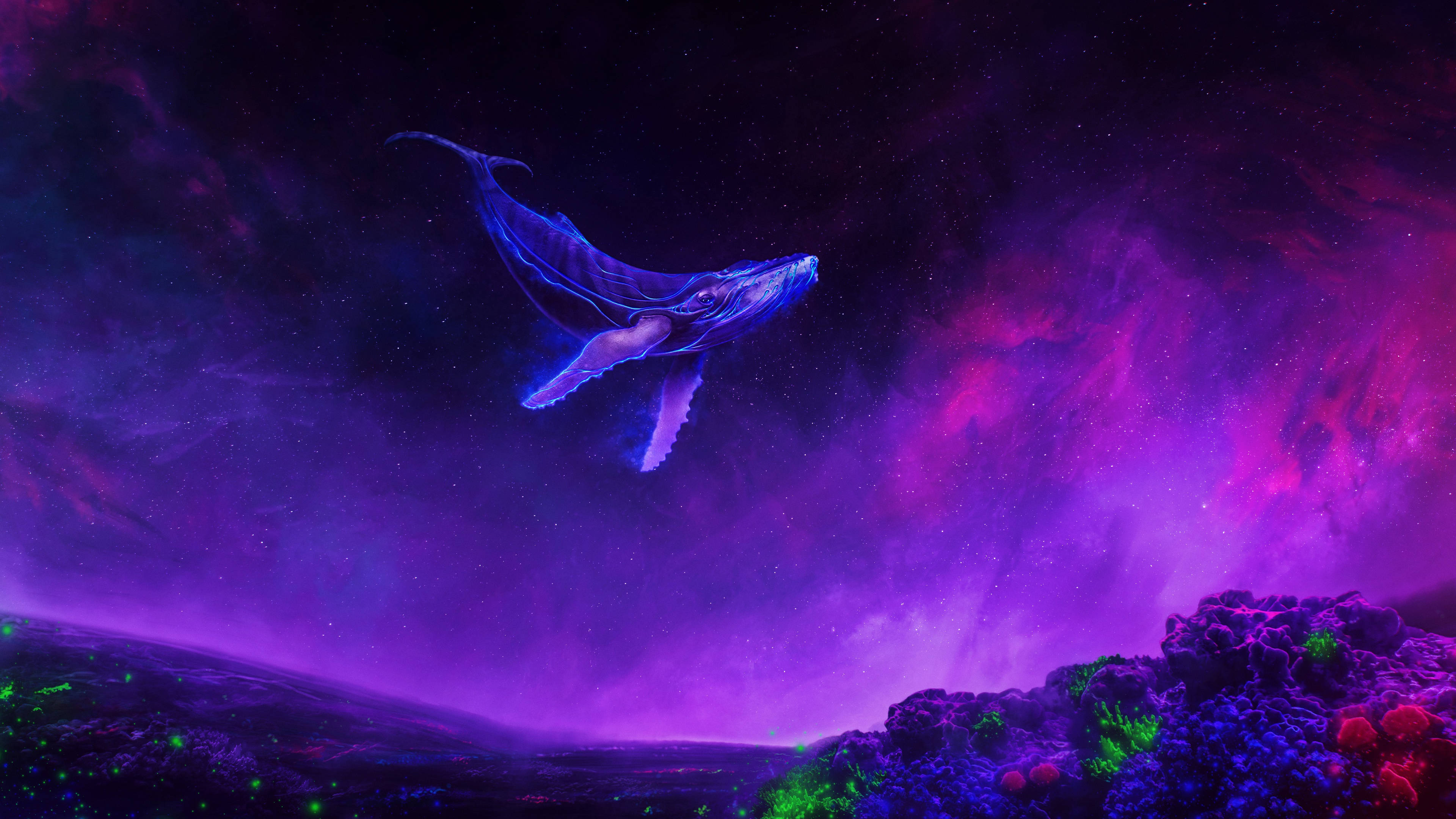 Surreal na Balyena na Lumulutang 4K Purple Wallpaper