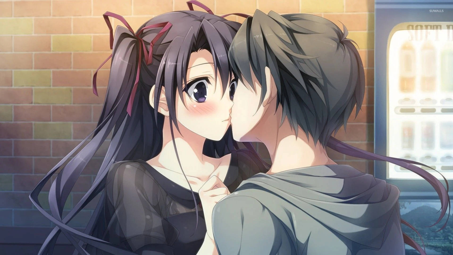 Sweet na Anime Couple na Naghahalikan sa Harap ng Brick Wall Wallpaper