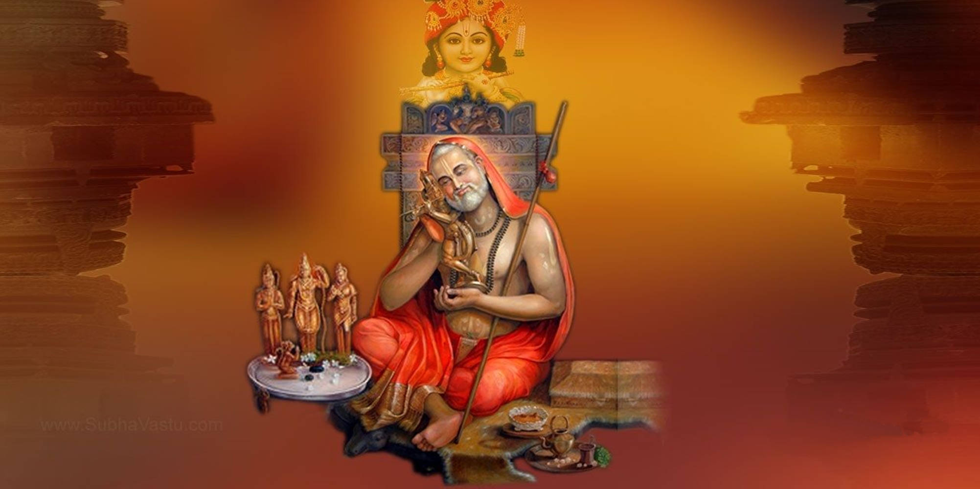 Tahimik na Banal na Eksena - Si Lord Raghavendra na Napapaligiran ng mga Sagradong Estatwang Indian. Wallpaper
