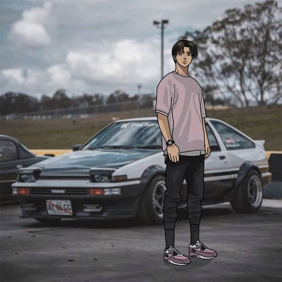 Takumi Fujiwara sa Harap ng Isang Sasakyan Anime Wallpaper