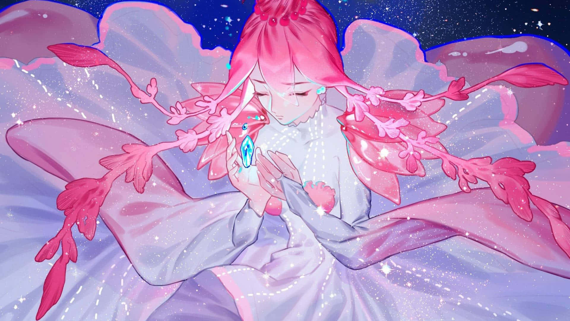 Tamasahin ang makukulay na tanawin ng isang pink na Anime Aesthetic Wallpaper