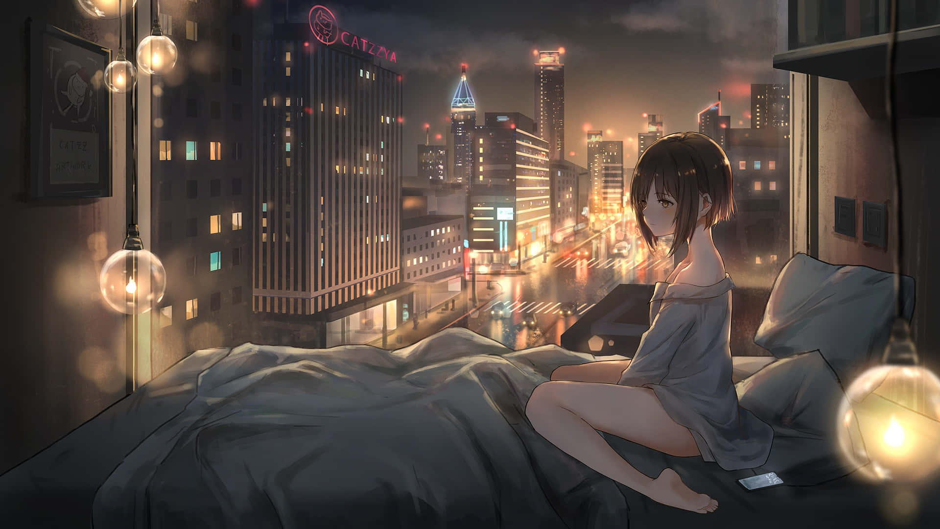 Tanawin ng Anime City na Puno ng Skyscraper sa Gabi Wallpaper