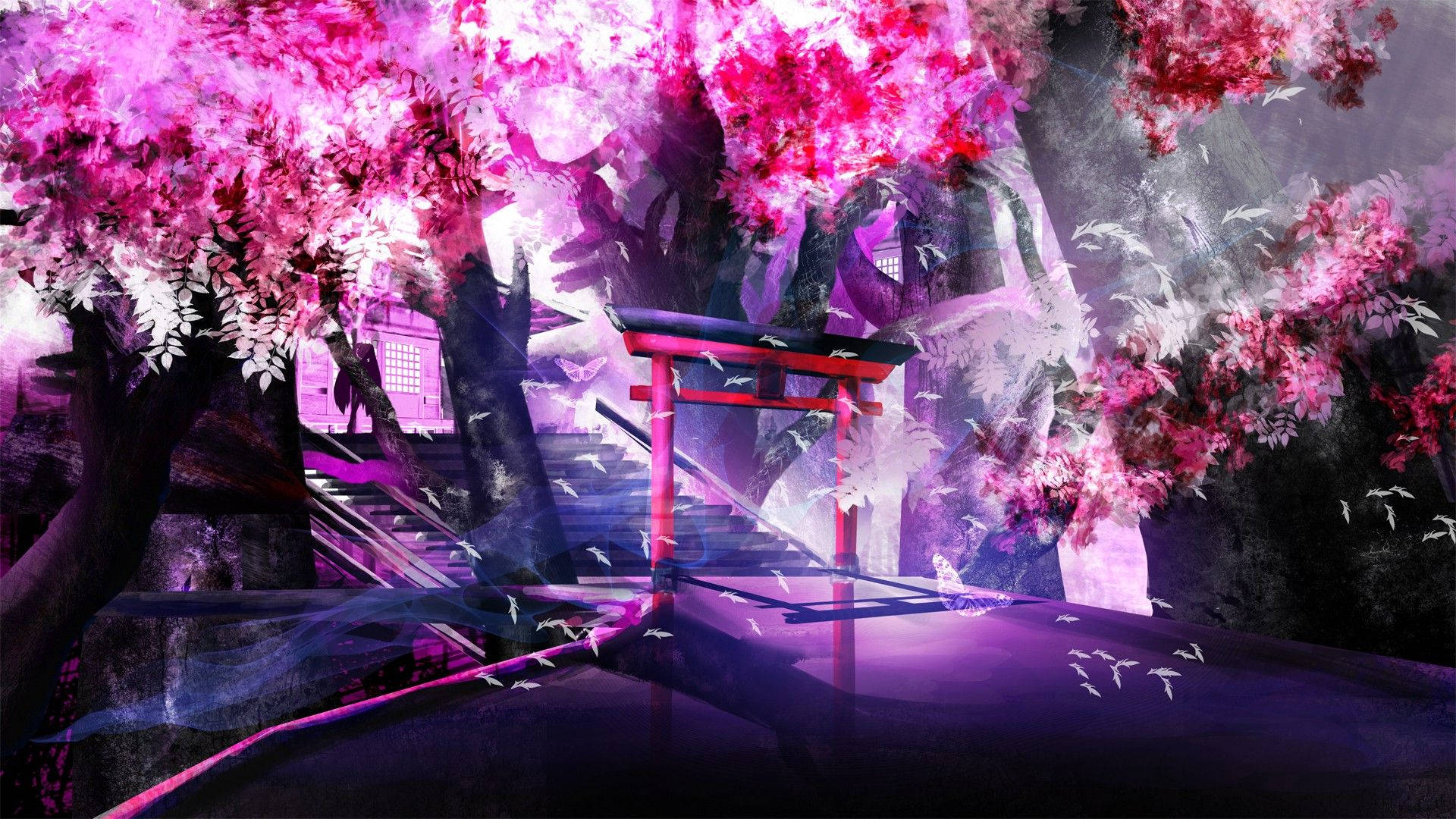 Tanawin ng Anime na may Cherry Blossom Trees Wallpaper