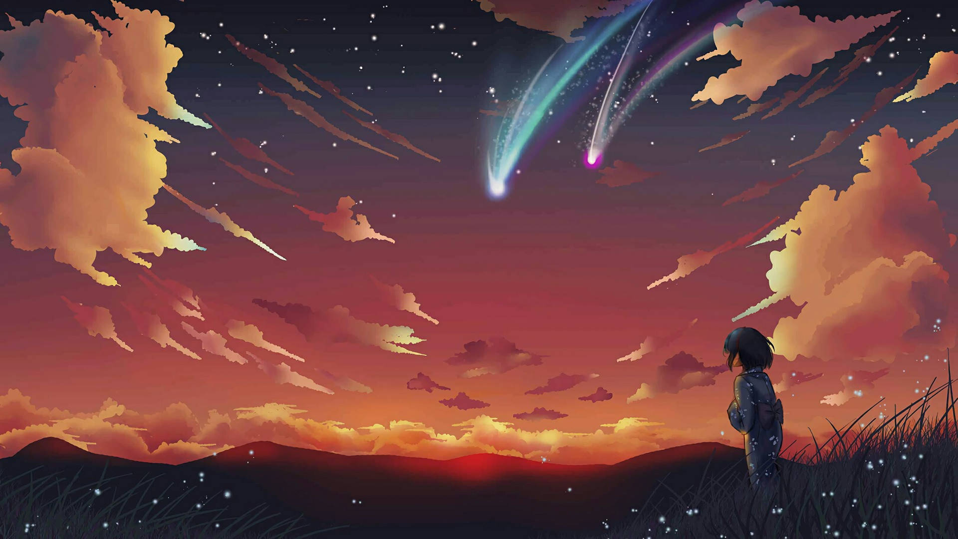 Tanawin ng Anime na May Shooting Stars Wallpaper