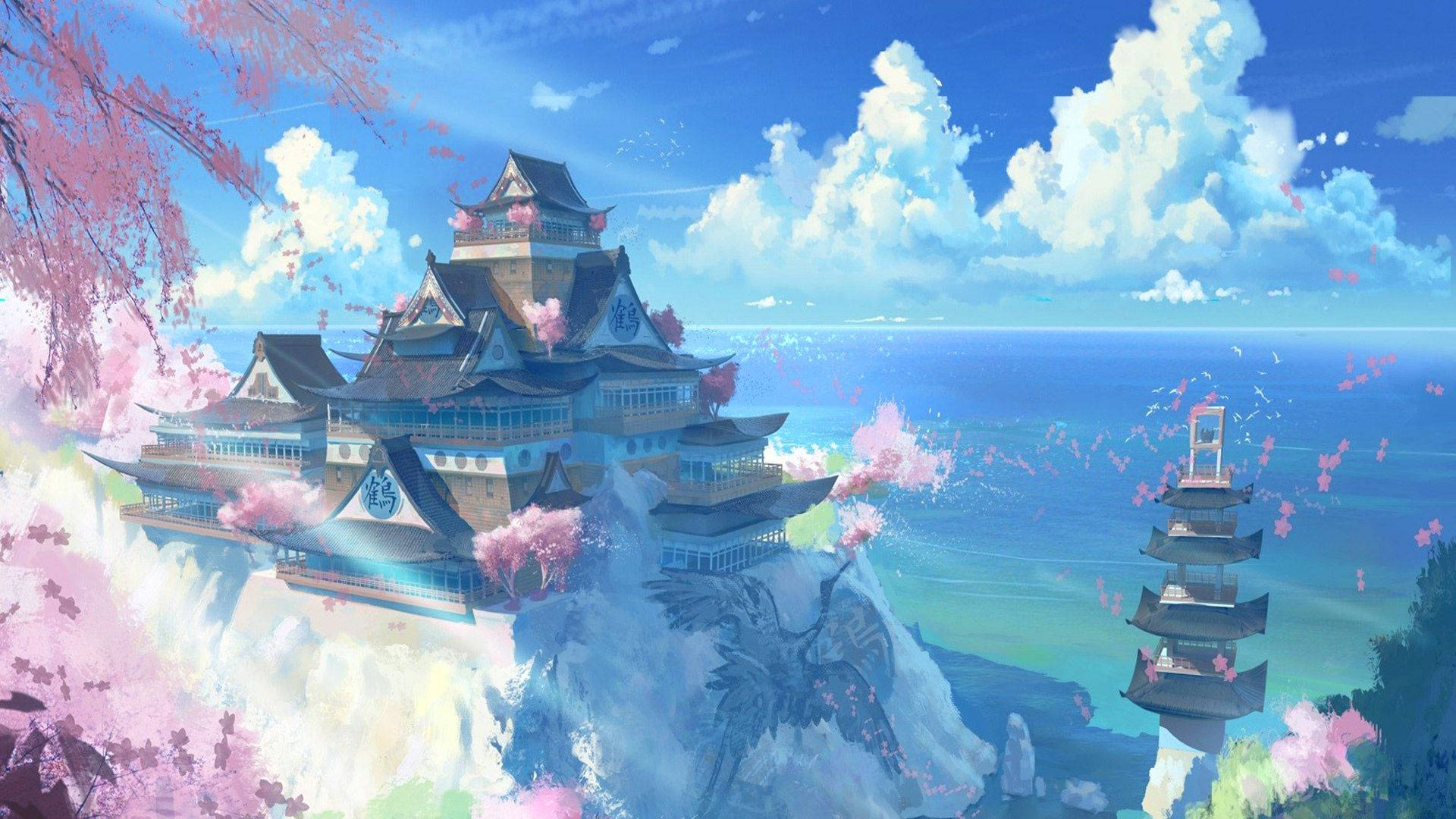 Tanawin ng Anime na Kastilyong Hapon Wallpaper