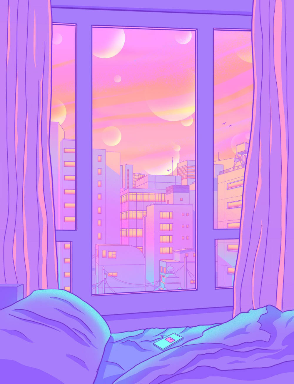 Tanawin ng Bintanang Kulay Lila Pastel Wallpaper