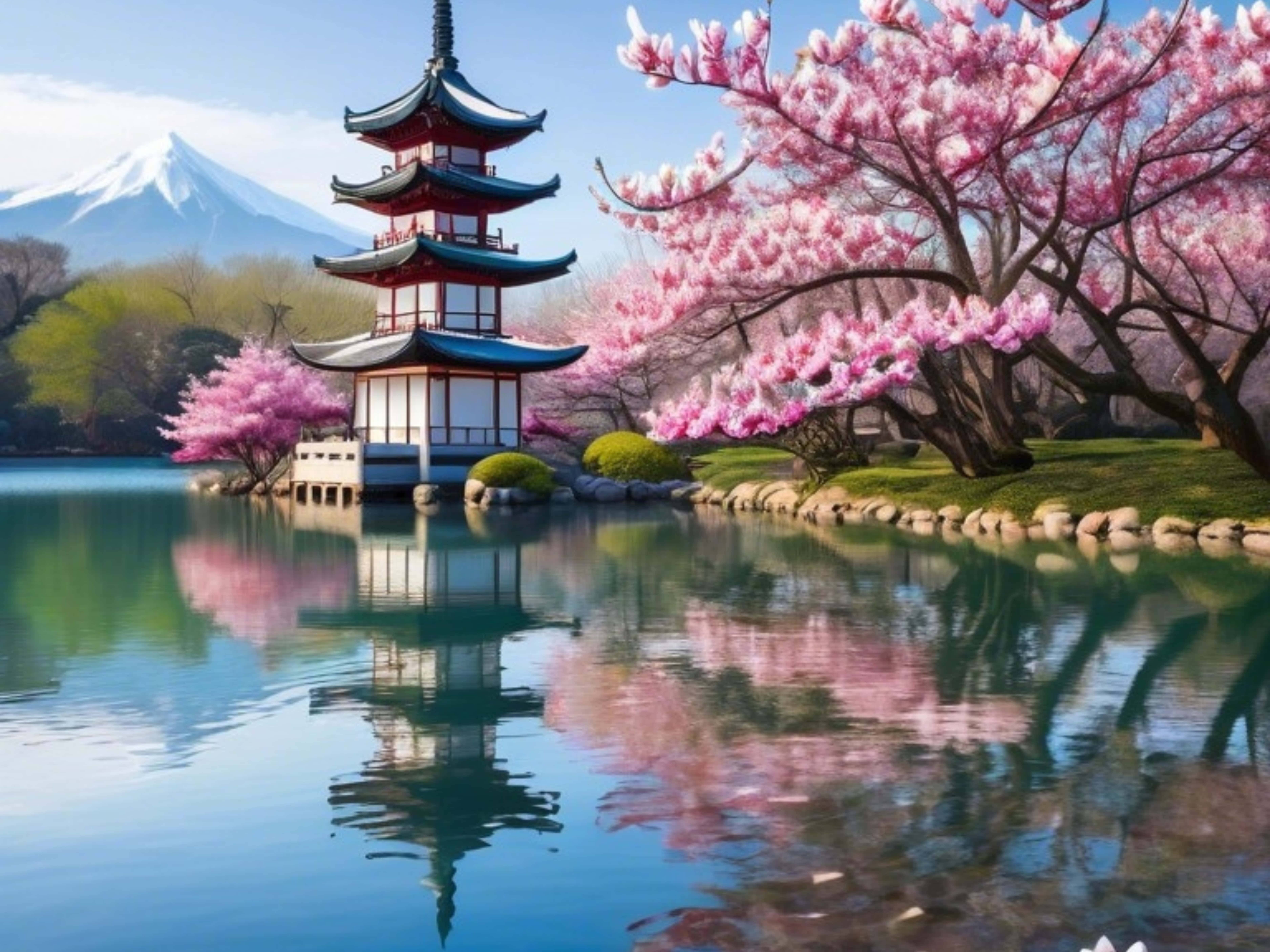 Tanawin ng Hapon na may tahimik na lawa, mga puno ng cherry blossom, isang dambana at mga bundok. Wallpaper