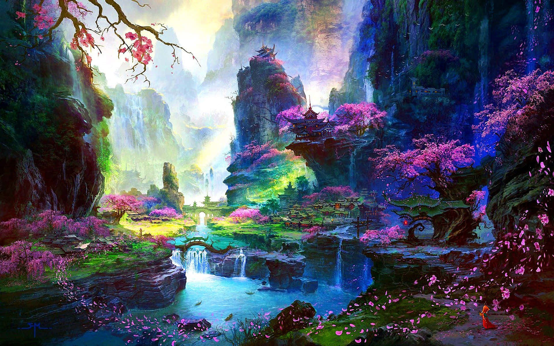 Tanawin ng Kalikasan na may Puno ng Cherry Blossom Wallpaper