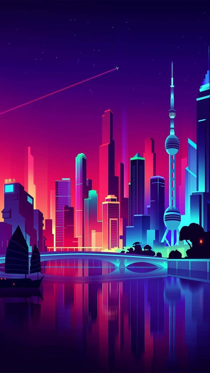 tanawin ng lungsod na may neon lights at bangka Wallpaper