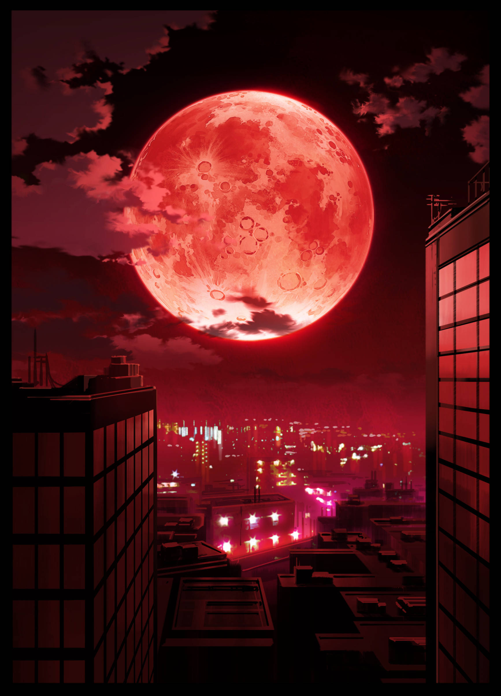 Tanawin ng Lungsod sa Ilalim ng Neon na Buwan Wallpaper