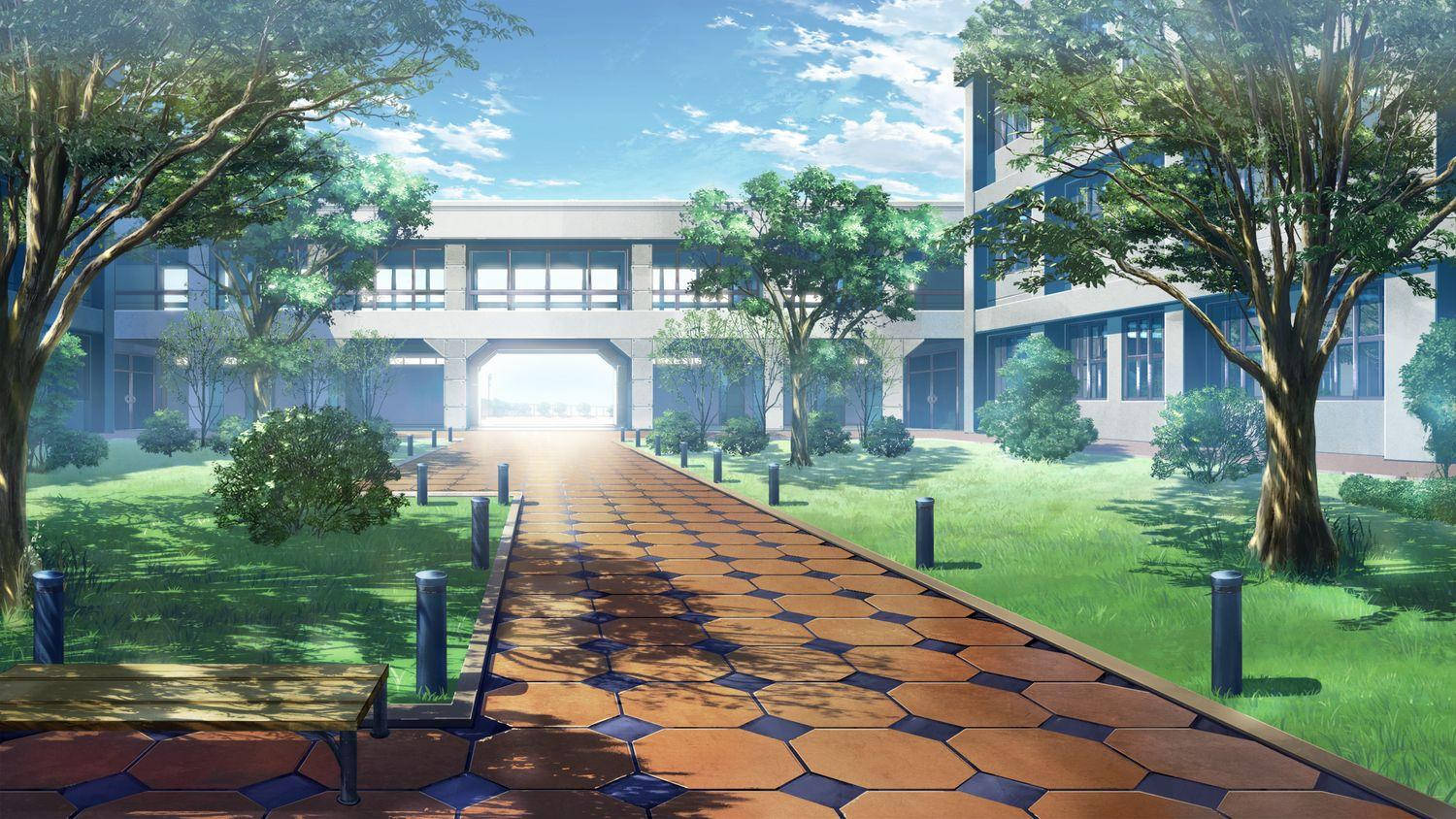 Tanawin ng Paaralan na may Tiled Pathway sa Anime Wallpaper
