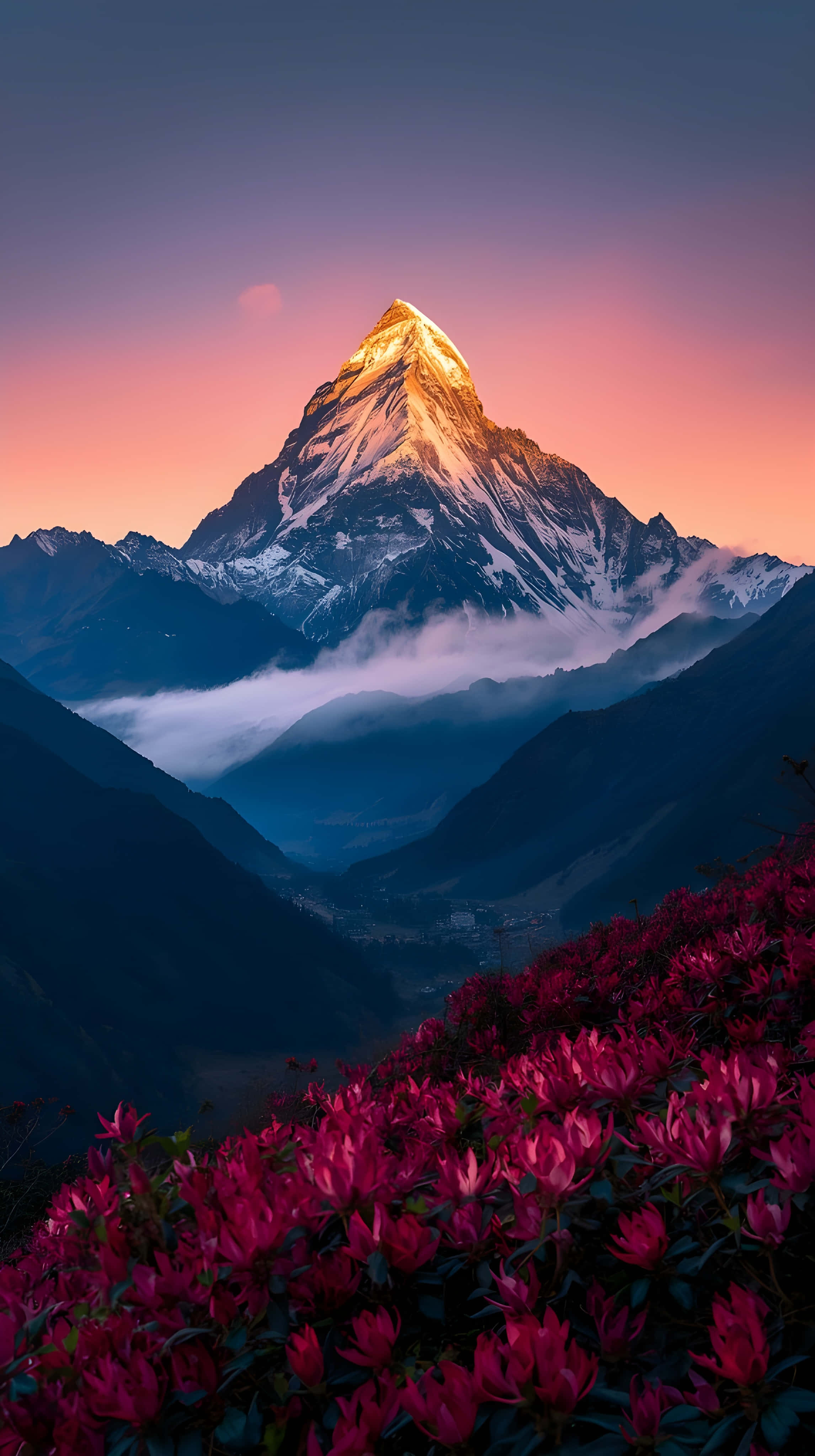 Tanawin ng Paglubog ng Araw sa Himalayas na may Rosas na Halaman Wallpaper