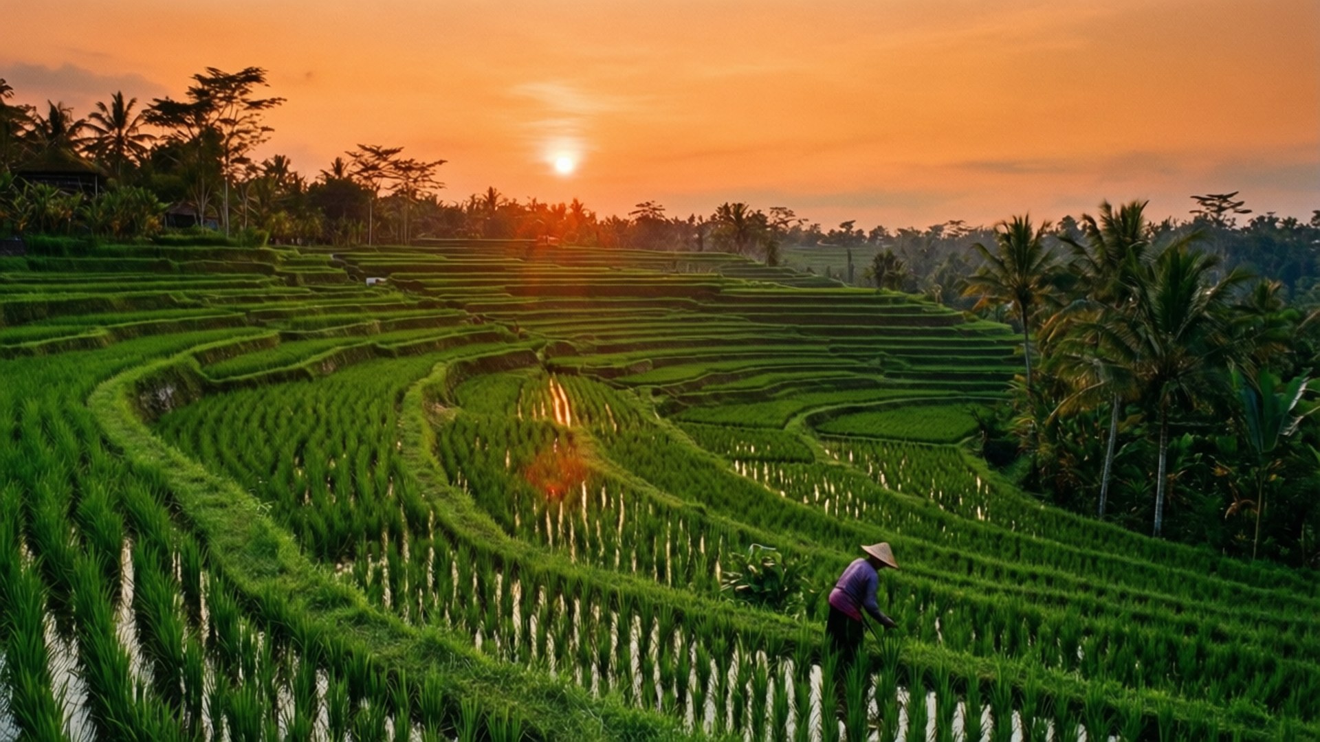 Tanawin ng Palayan sa Bali sa Paglubog ng Araw Wallpaper