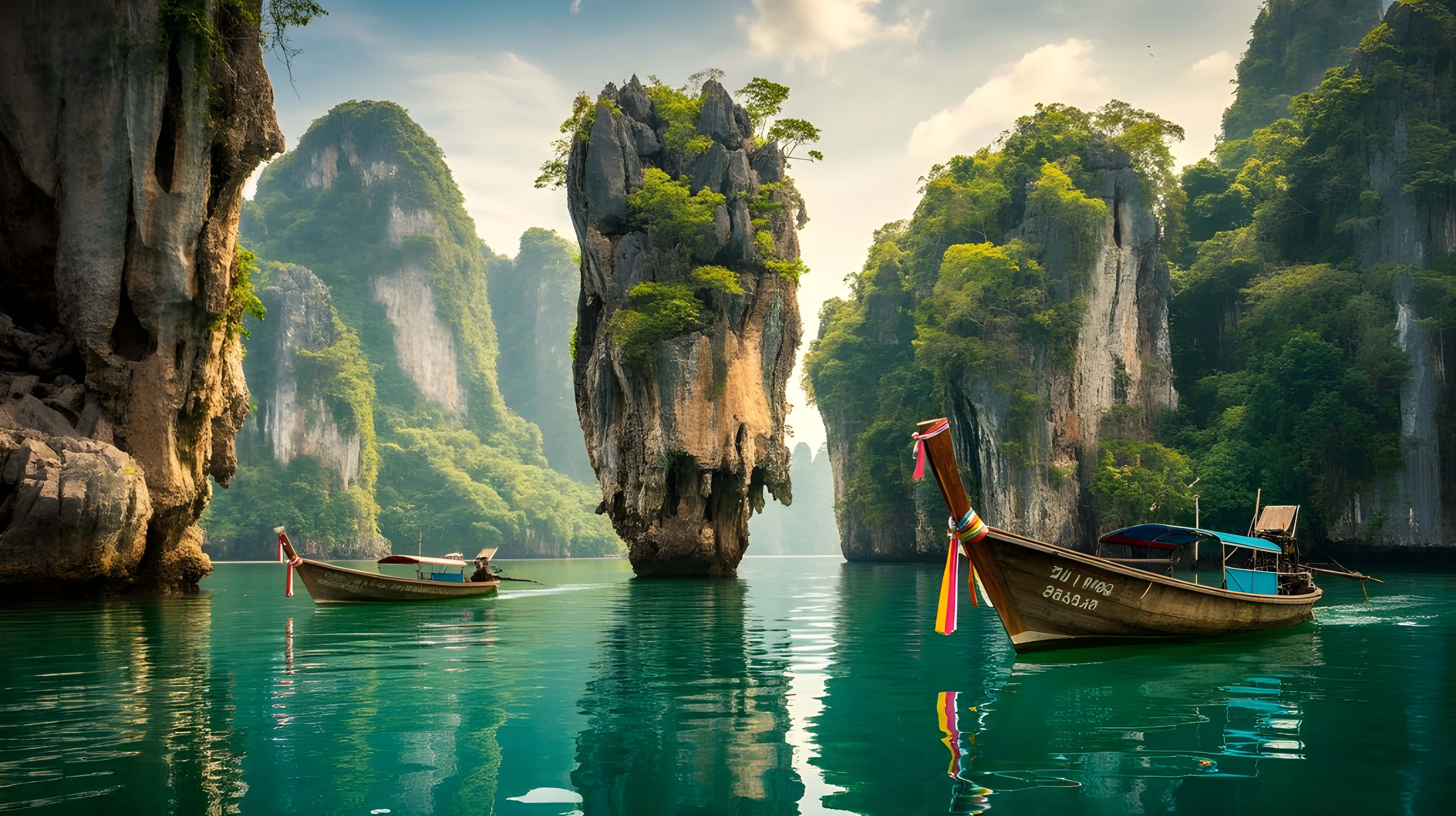 Tanawin ng Paradise Island at Tradisyonal na Bangkang Landscape Wallpaper