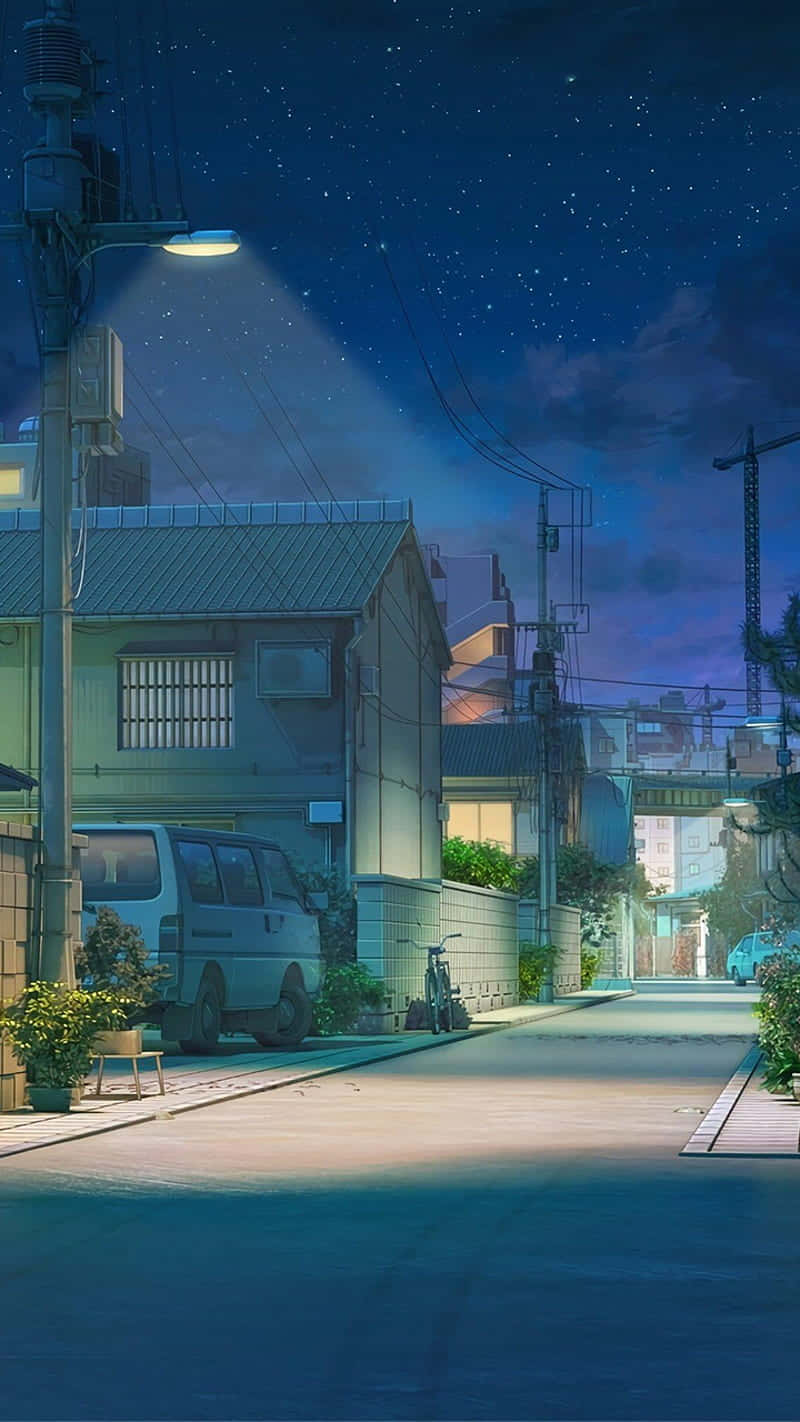 Tanawin ng Urban na Komunidad sa Gabi na Anime Wallpaper