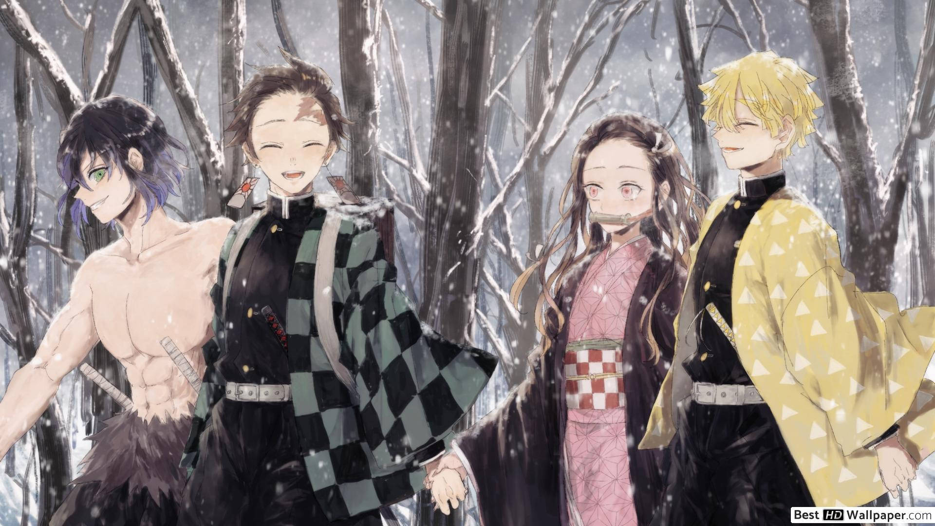 Tanjiro, ang bida ng Demon Slayer, at ang kanyang mga kakampi na handa sa labanan. Wallpaper