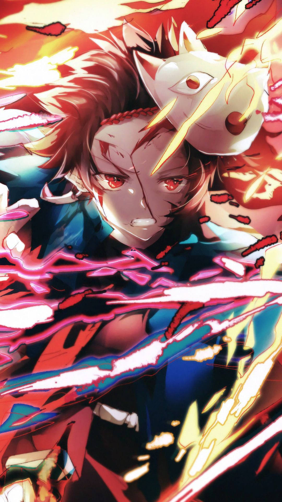 Tanjiro Kamado na may Maskara at Apoy Wallpaper